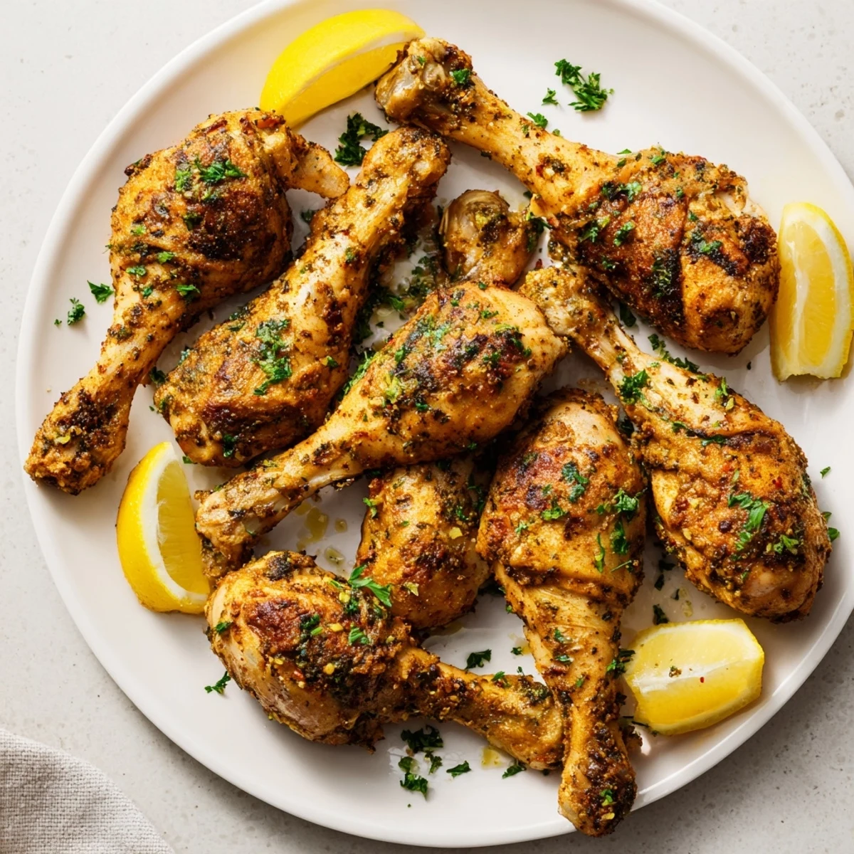 Golden-brown baked chicken drumsticks, seasoned perfectly, ready for a delicious dinner.