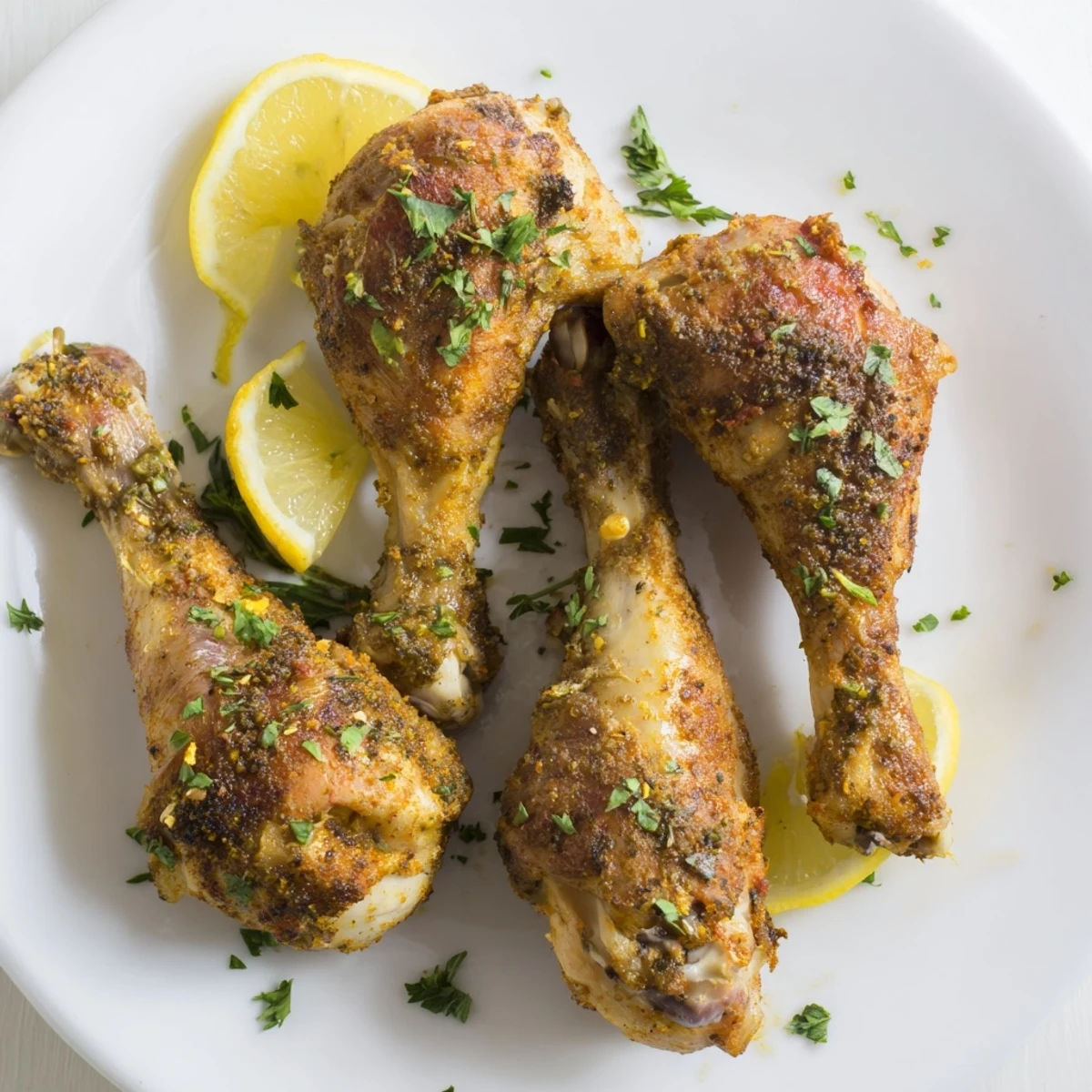 Juicy baked chicken drumsticks, presented on a baking sheet, offering a savory aroma.