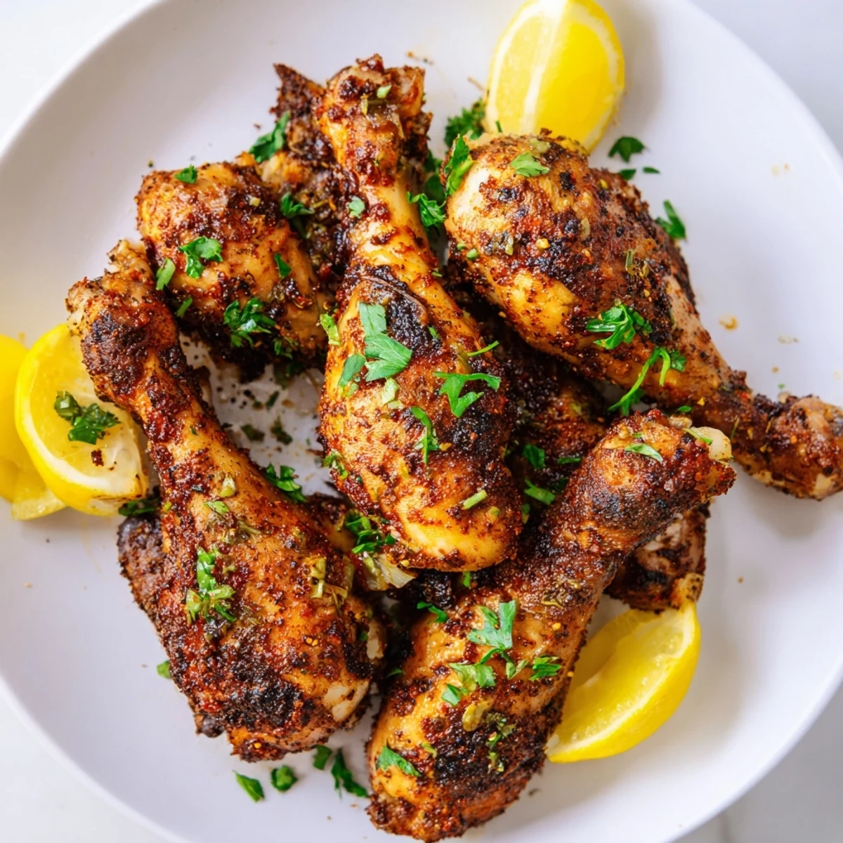 Crispy-skinned baked chicken drumsticks, with fresh parsley garnish, ready for serving with lemon.