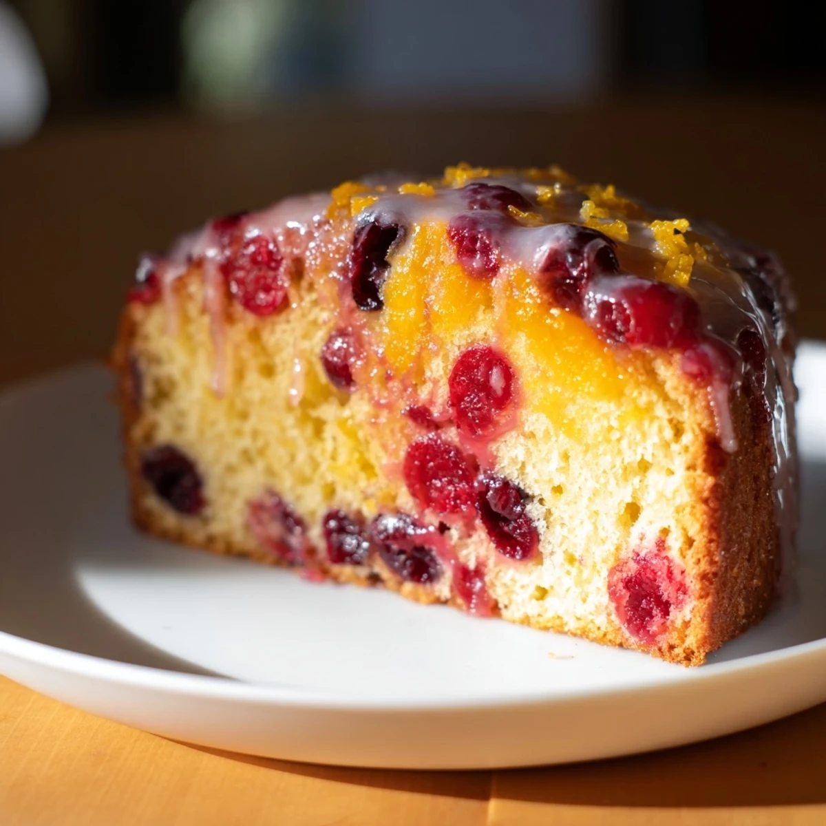Fluffy slice of Cranberry Orange Cake, garnished with fresh zest, ready to be served.