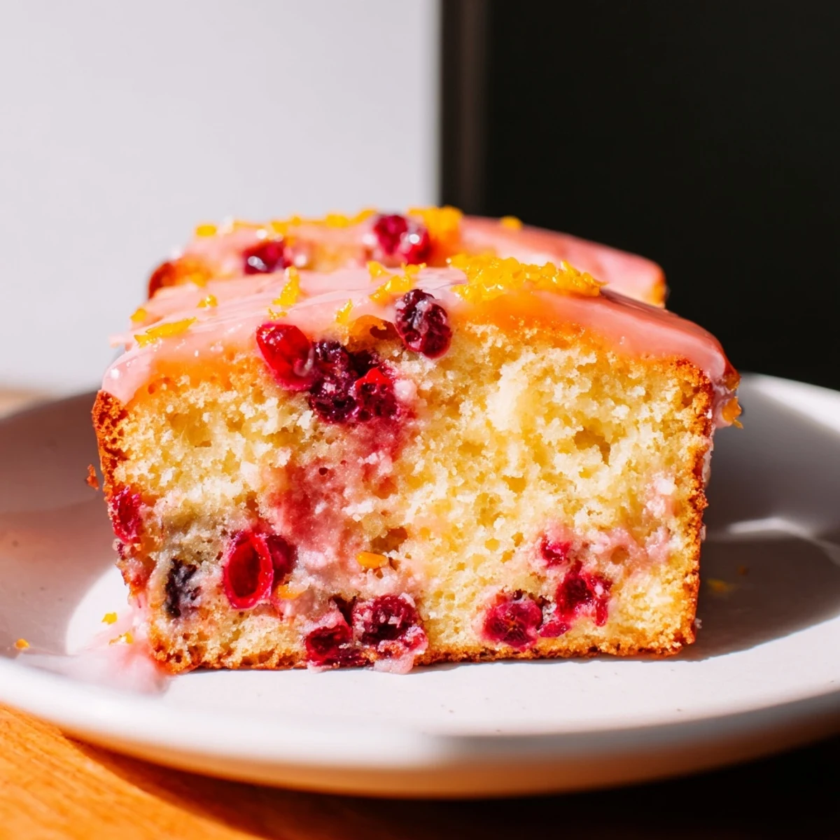 Warm, golden Cranberry Orange Cake with glistening glaze, promising a sweet and tart bite.