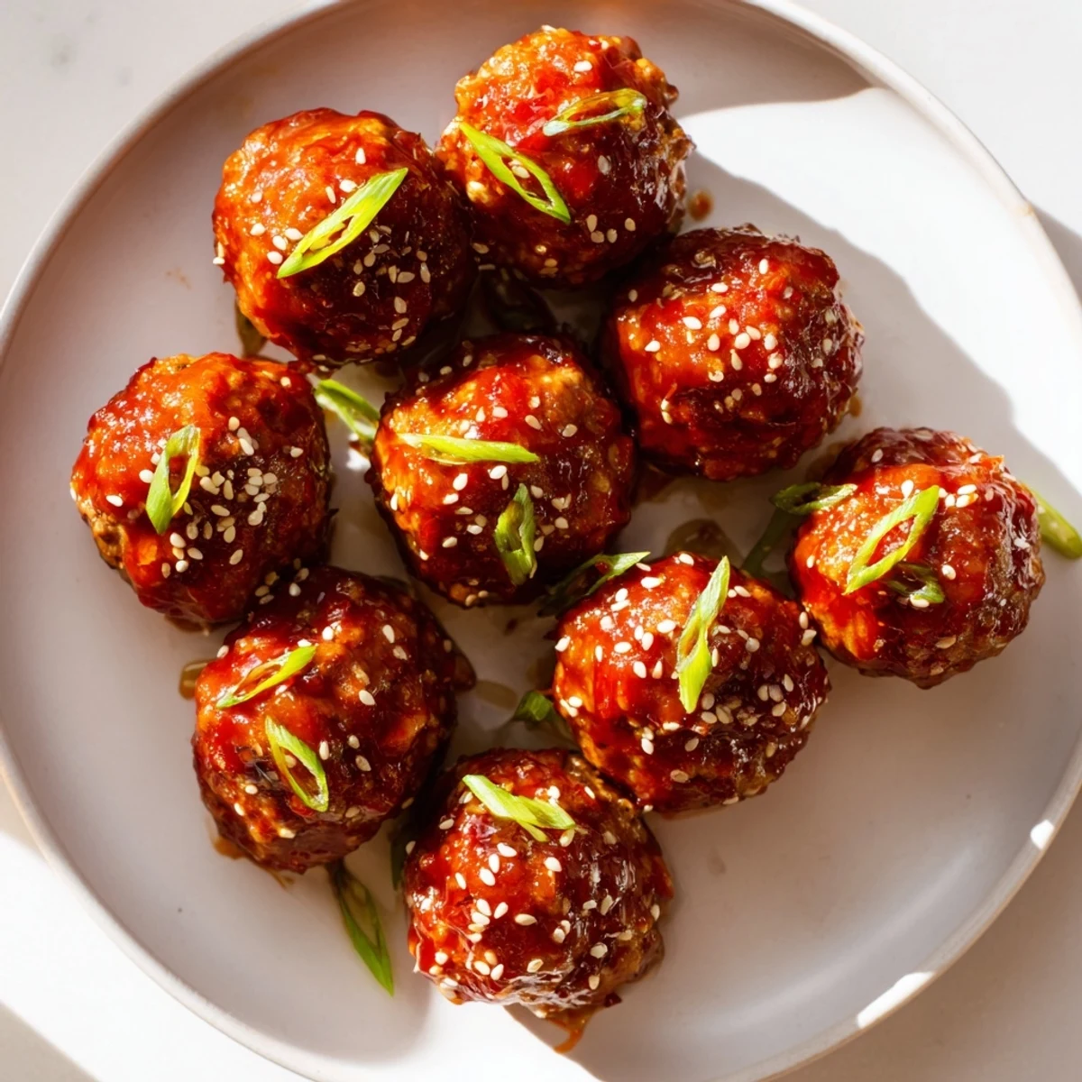 Golden-brown Spicy Sriracha Meatballs glistening with a sweet and spicy, tempting glaze and sesame seeds.