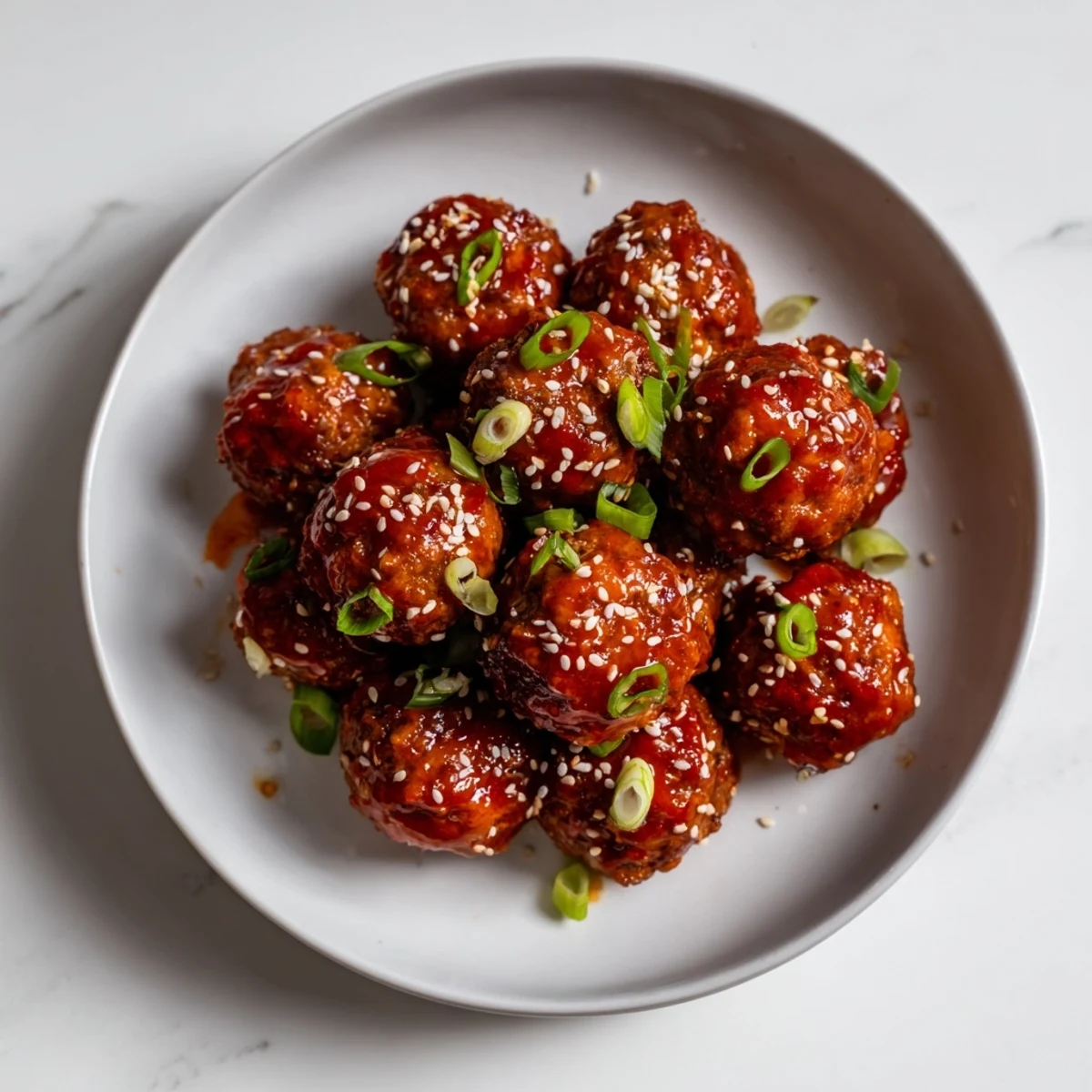 Appetizing close-up of Spicy Sriracha Meatballs, perfectly coated in a vibrant, rich and delicious sauce.