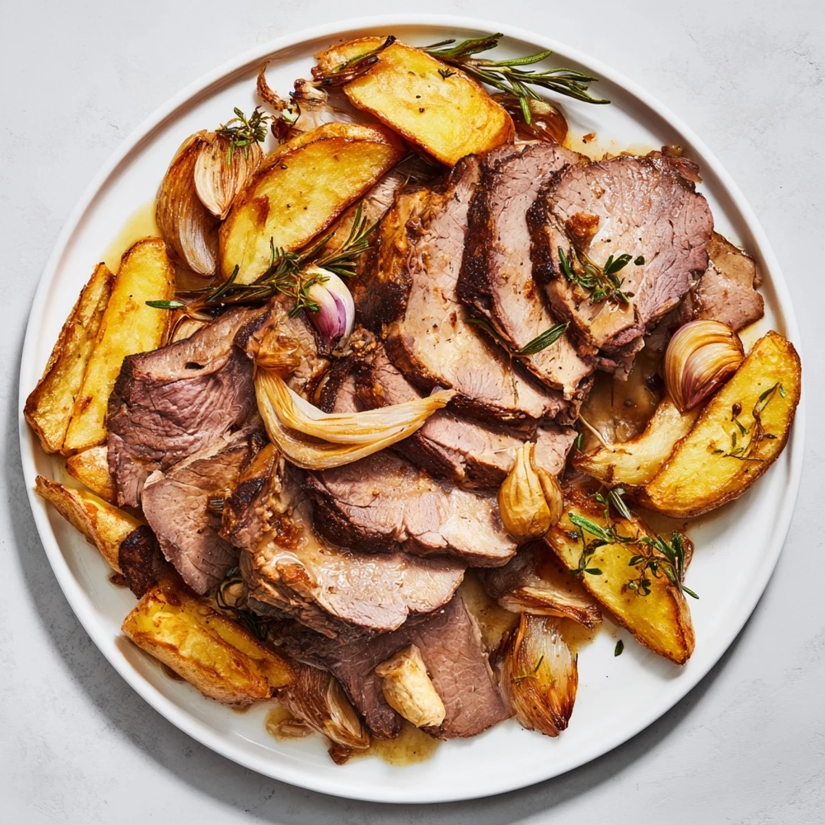 A close-up of a beautifully roasted lamb with potatoes, glistening and aromatic.