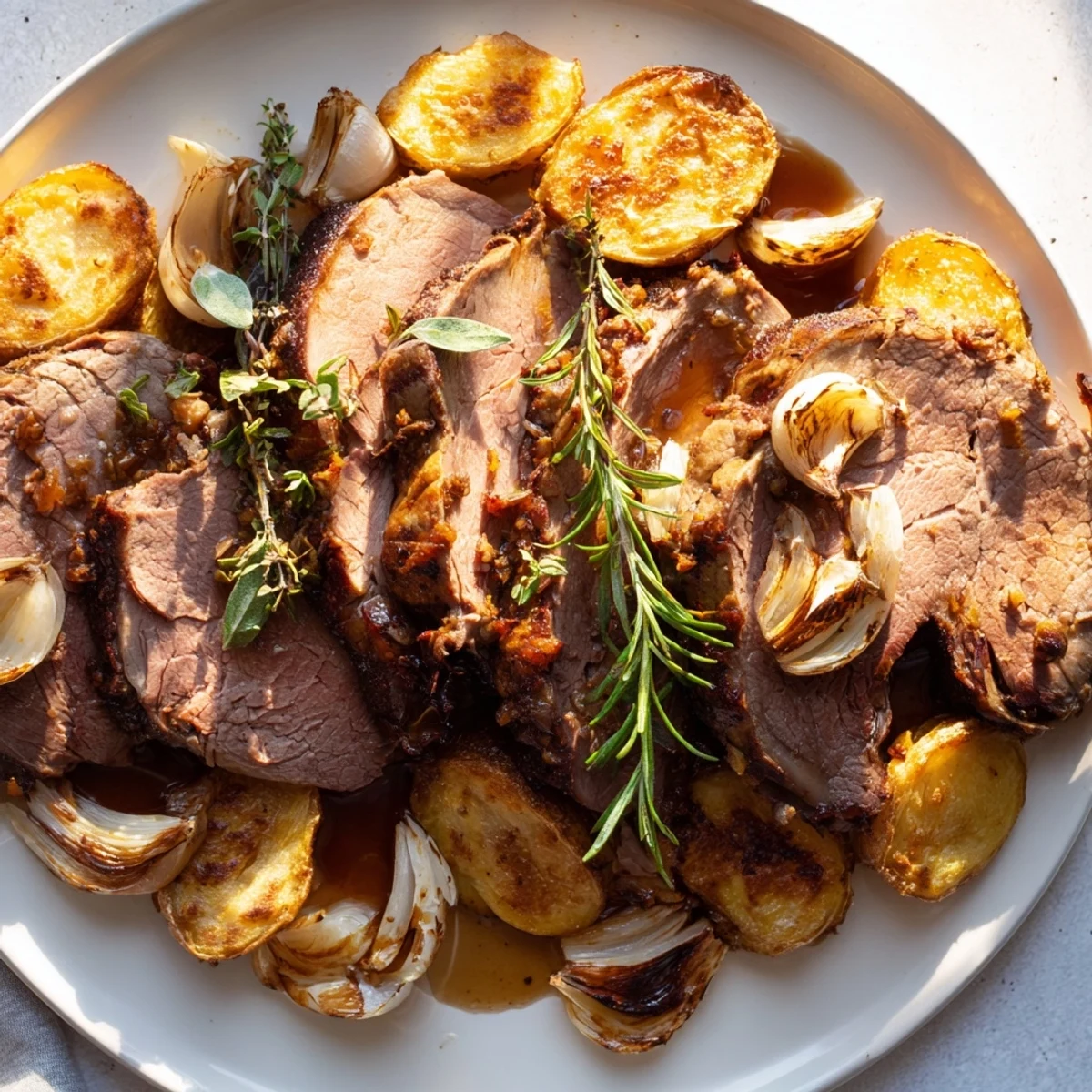 Sliced roasted lamb on a plate, alongside flavorful potatoes, ready to be served.