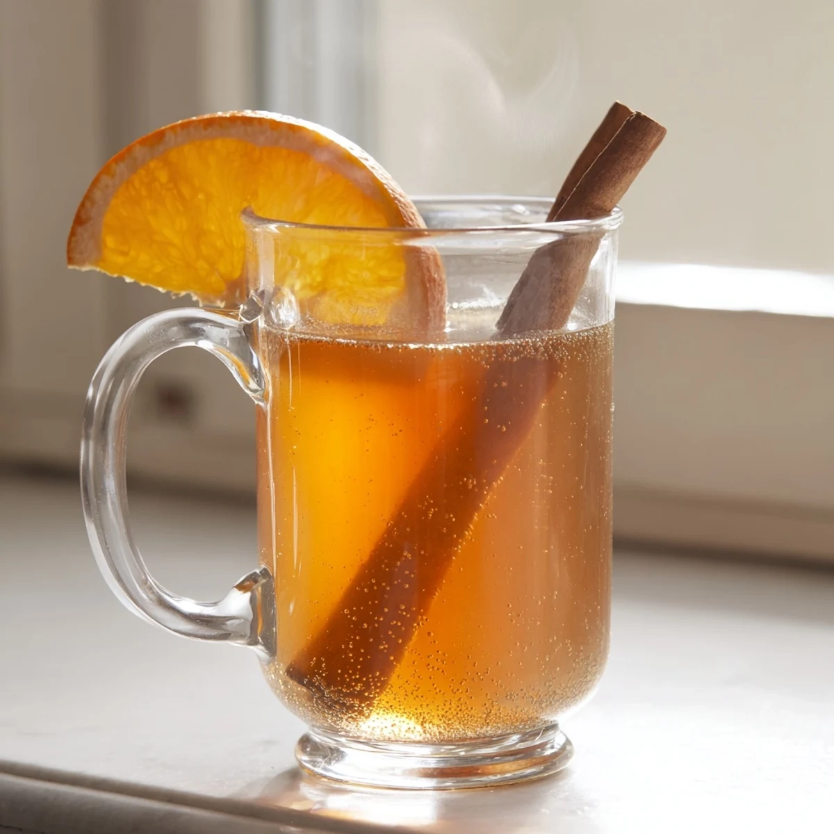 Steaming mugs of spiced apple cider, rich with cinnamon and star anise aromas.