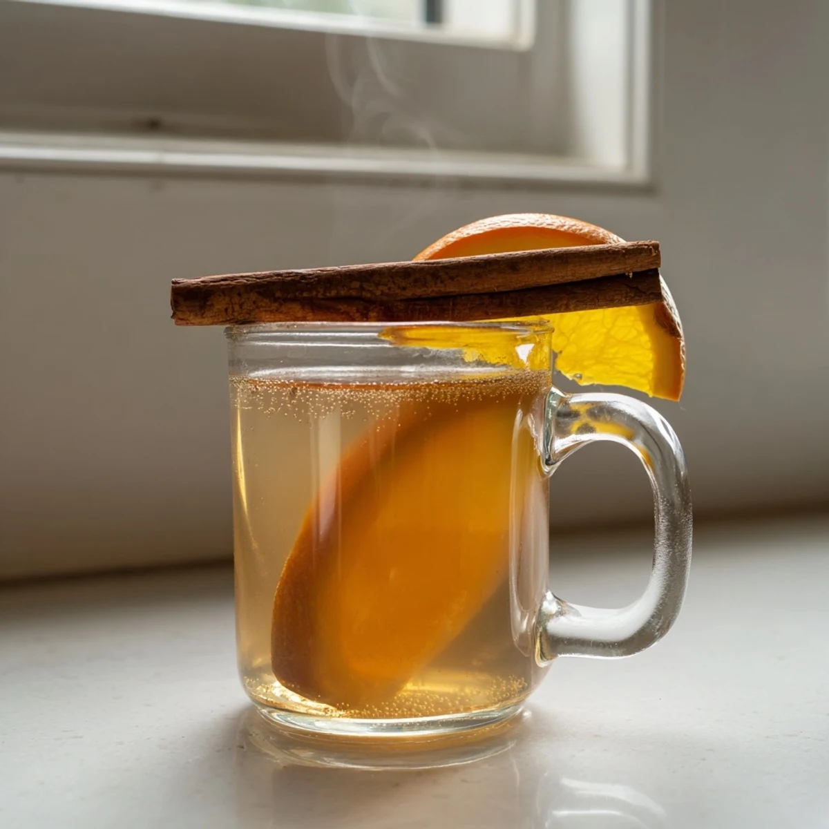 Warm, golden spiced apple cider simmering in a pot, ready to cozy up on a cold evening.