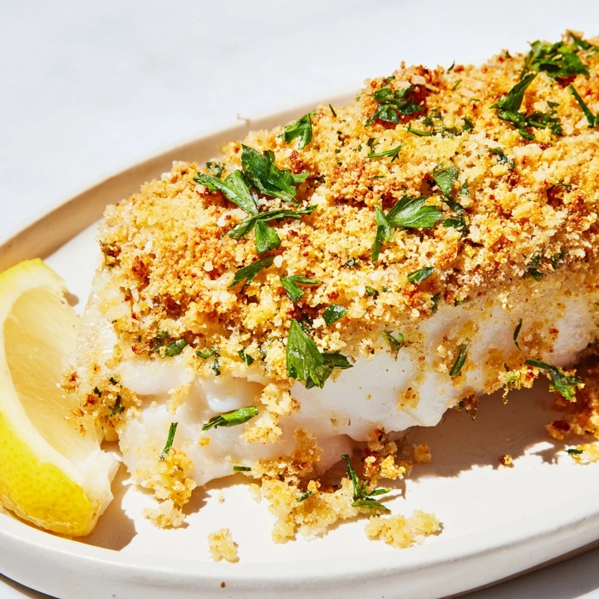 Golden brown baked cod with crumb topping, ready to serve with fresh lemon wedges.