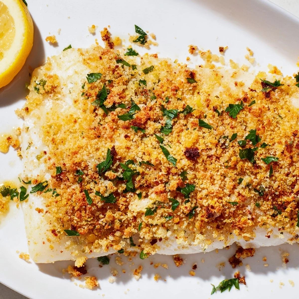Crispy breadcrumb topping on flaky baked cod, a delicious and easy weeknight meal.