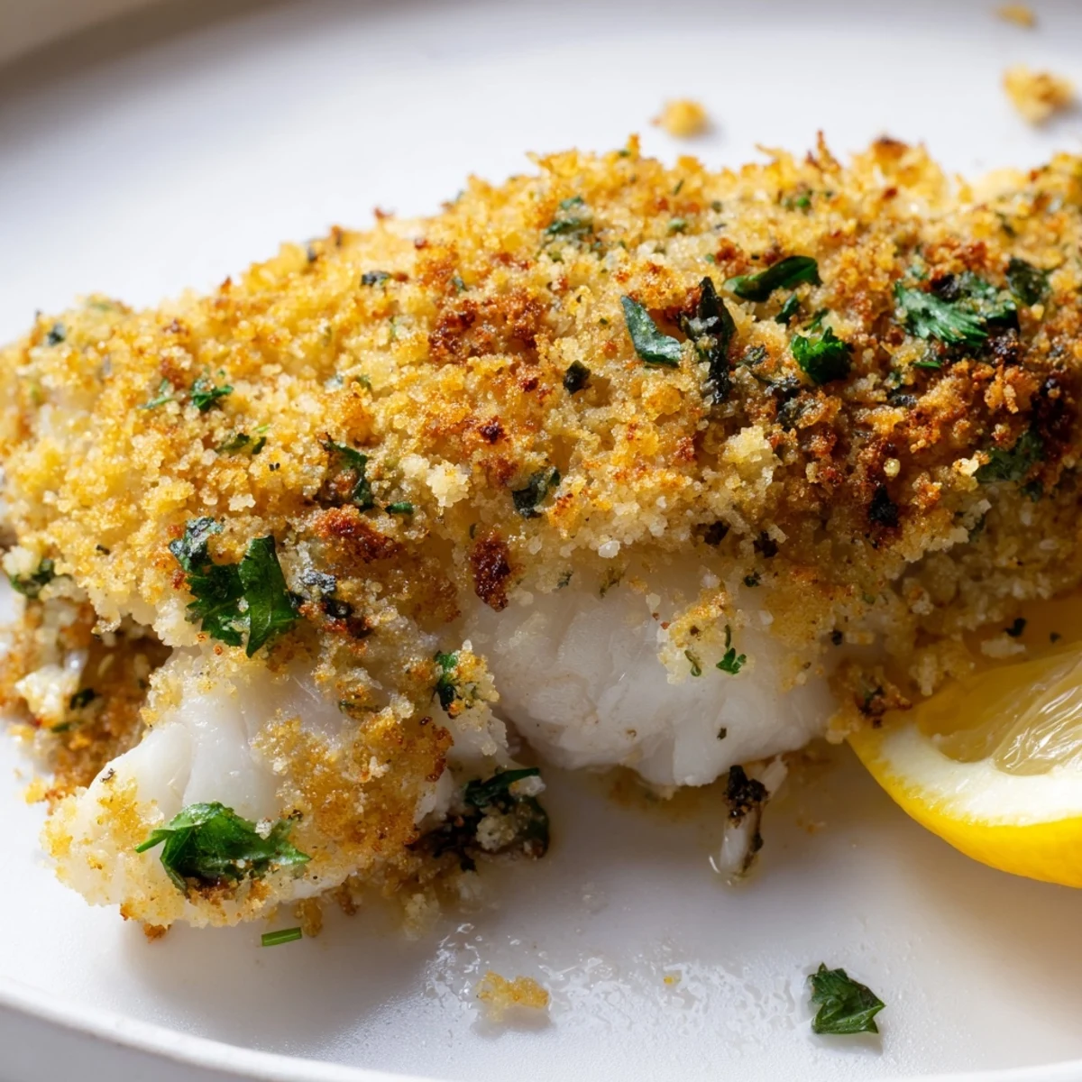 A close-up of baked cod with crumb topping, showcasing its tempting texture and fresh herbs.