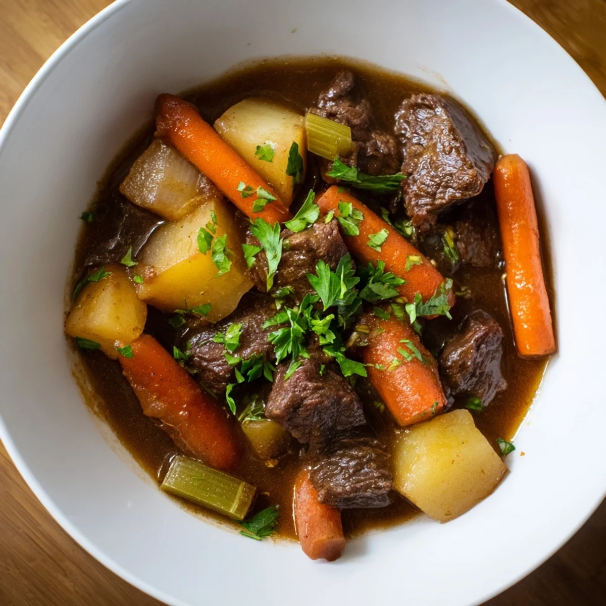 This slow cooked beef stew with vegetables is steaming hot, and bursting with rich, comforting flavors.