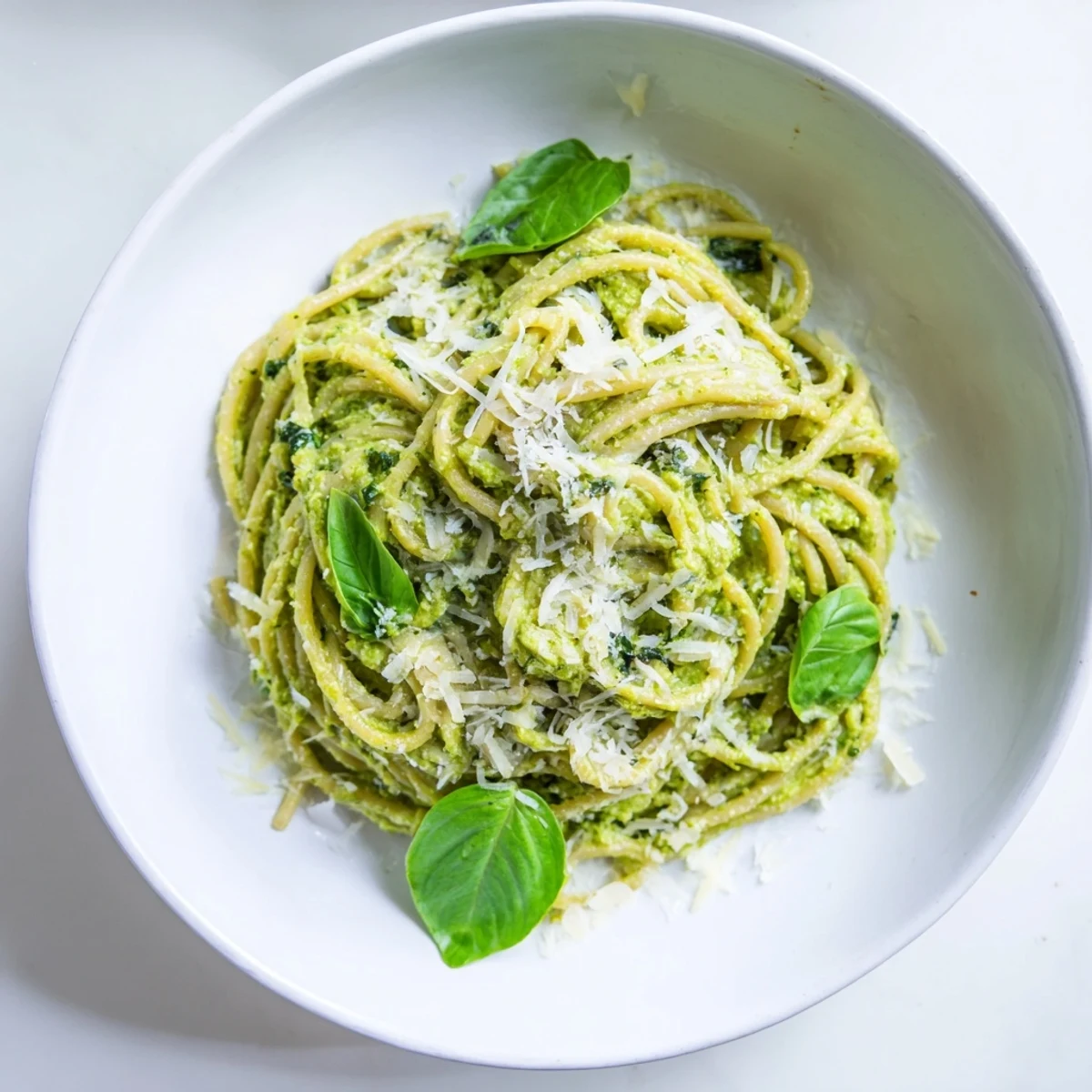 Creamy Avocado and Spinach Pasta, a vibrant green dish, perfectly coated and ready to eat.