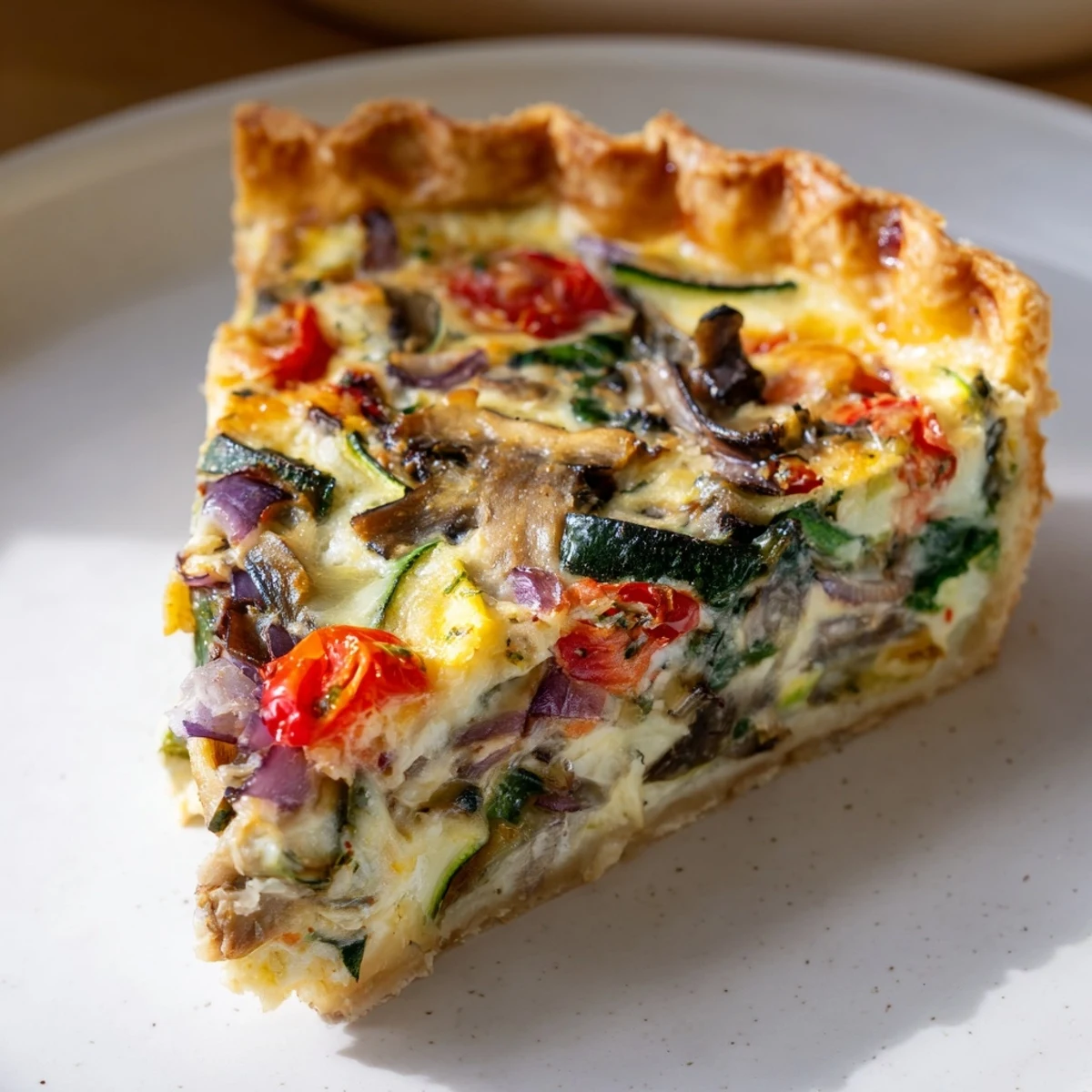This hot and savory Vegetable Quiche showcases colorful bell peppers, zucchini, and cheese within a lovely tart.