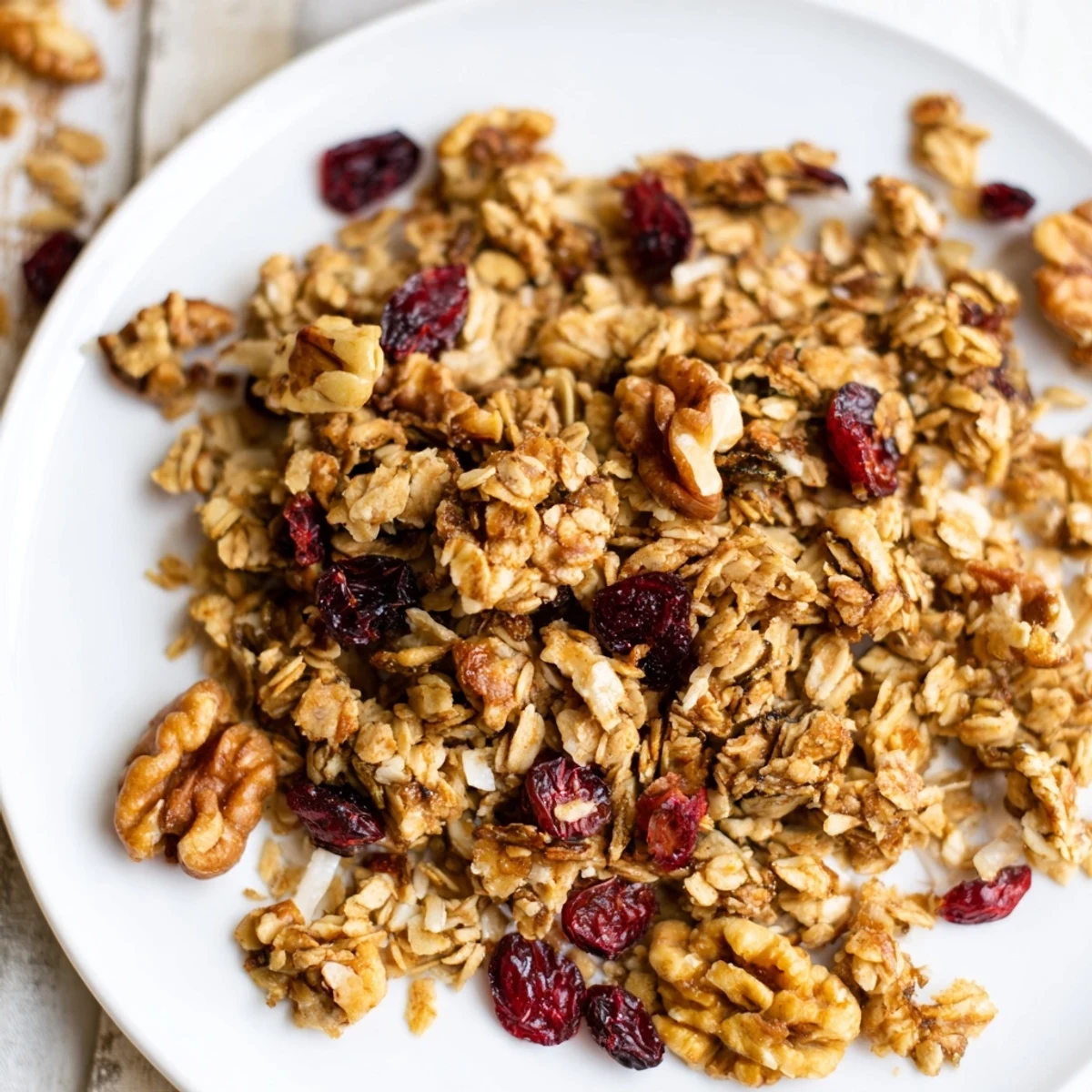 A bowl overflowing with homemade Cranberry Walnut Granola, ready for breakfast topped with yogurt.