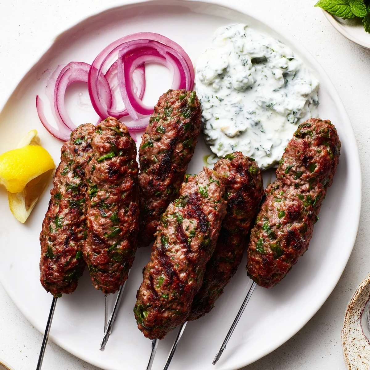 Grilled beef kofta kebabs, beautifully browned, with a creamy yogurt sauce drizzle on top.