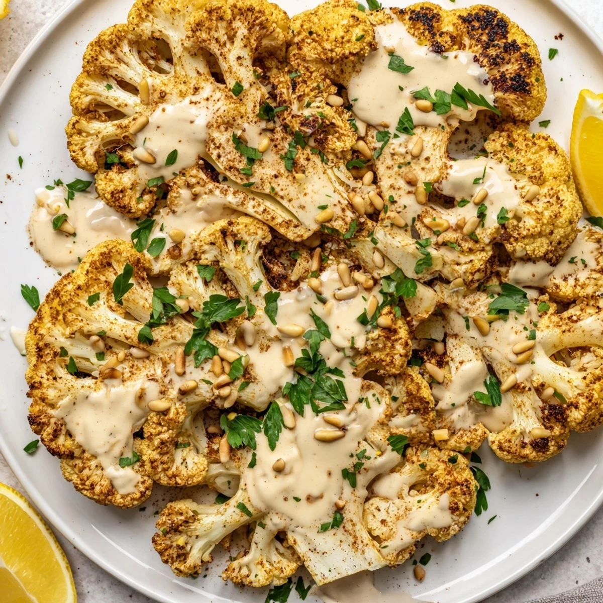 Golden roasted cauliflower steaks drizzled with lemony tahini sauce, ready for a delicious vegan meal.