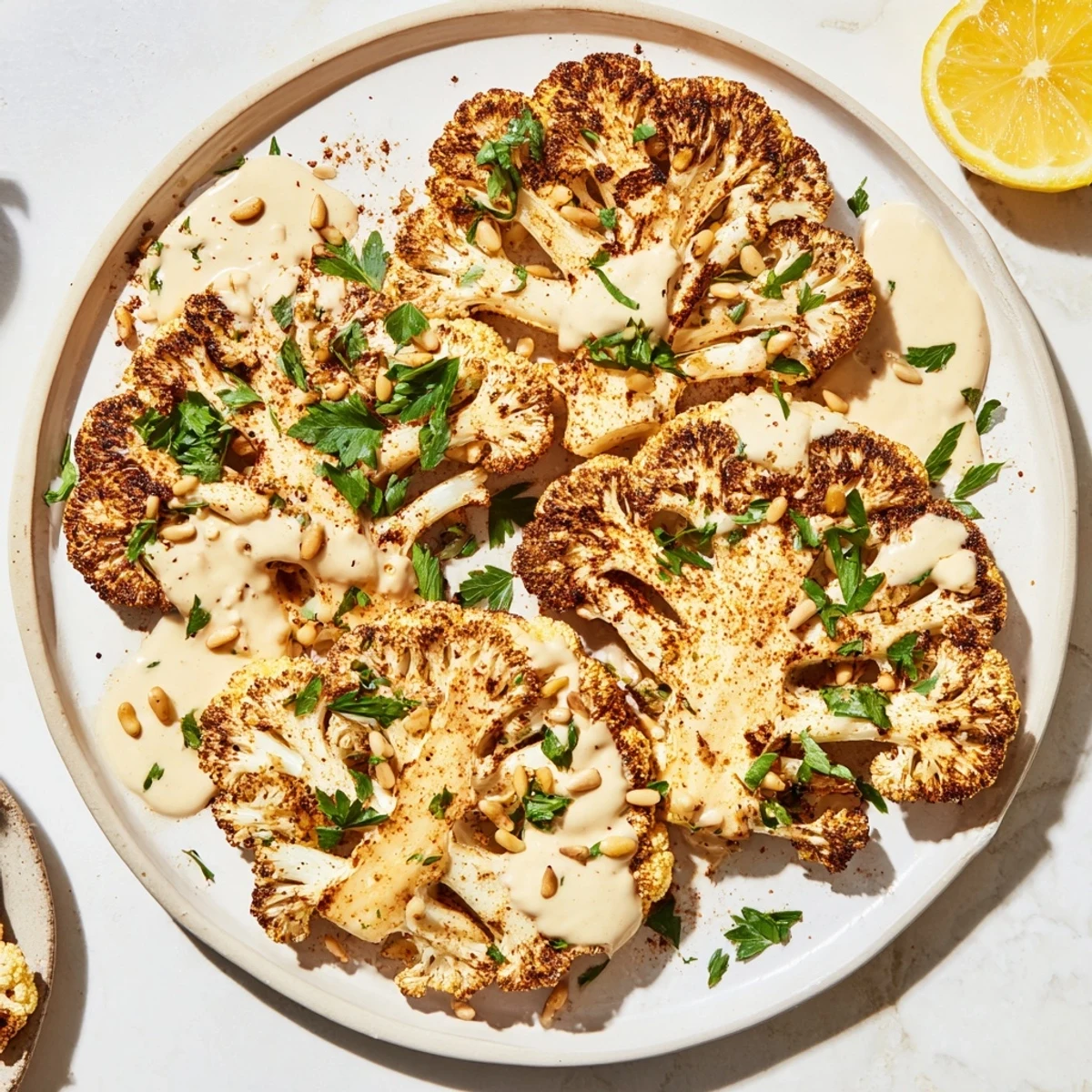 Savory Roasted Cauliflower Steaks, spiced and roasted until caramelized, topped with tahini sauce.