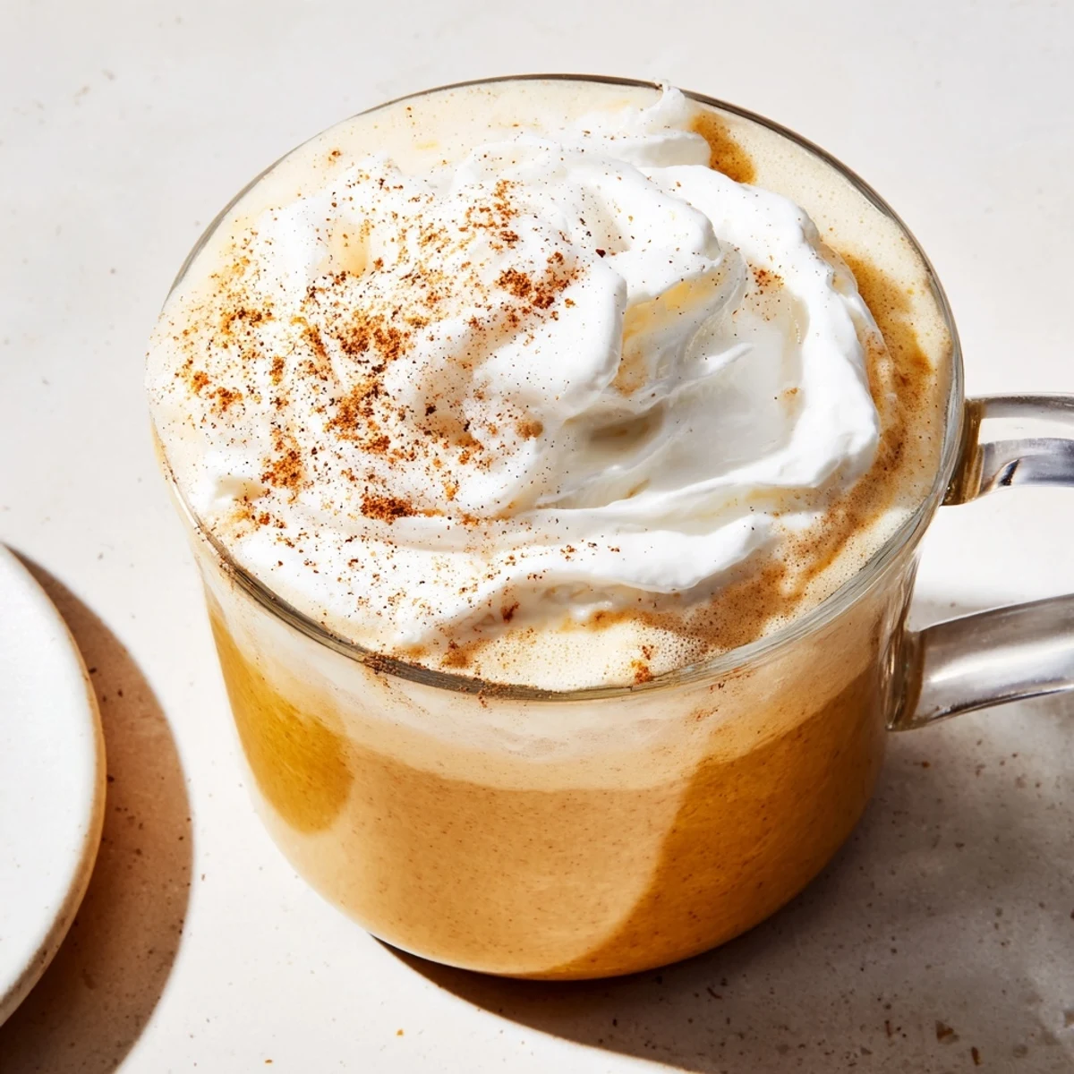 Steaming Spiced Pumpkin Spice Latte, topped with whipped cream and a dusting of cinnamon.