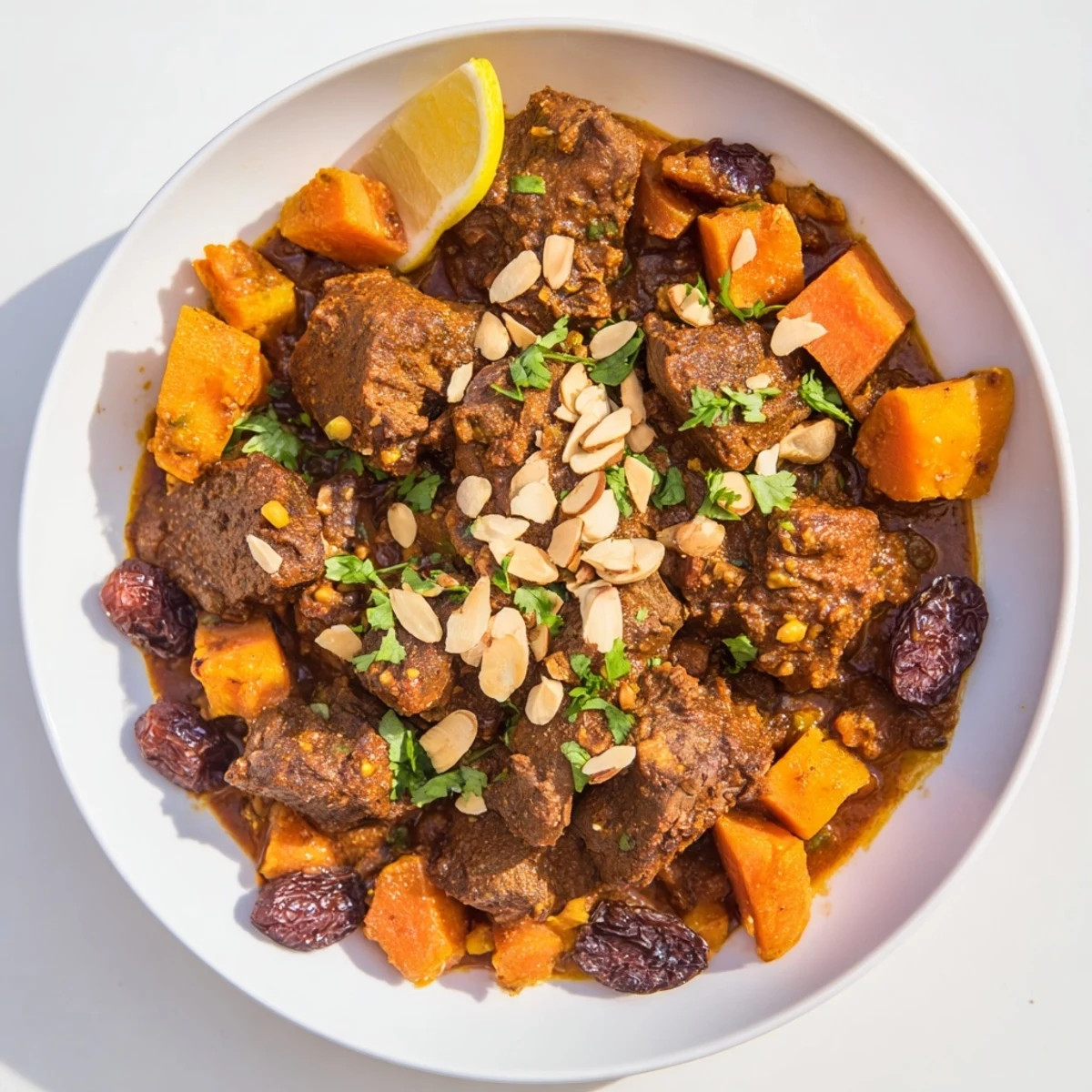A steaming bowl of Slow Cooked Moroccan Lamb Tagine, showcasing tender lamb and vibrant vegetables.