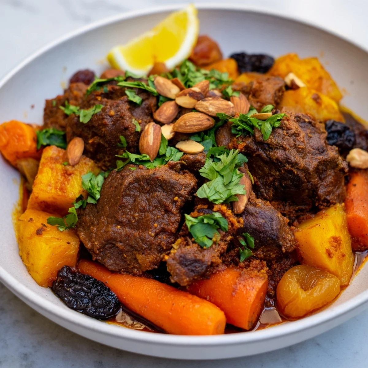Garnished with almonds, this Slow Cooked Moroccan Lamb Tagine promises a rich, savory aroma and flavorful bite.