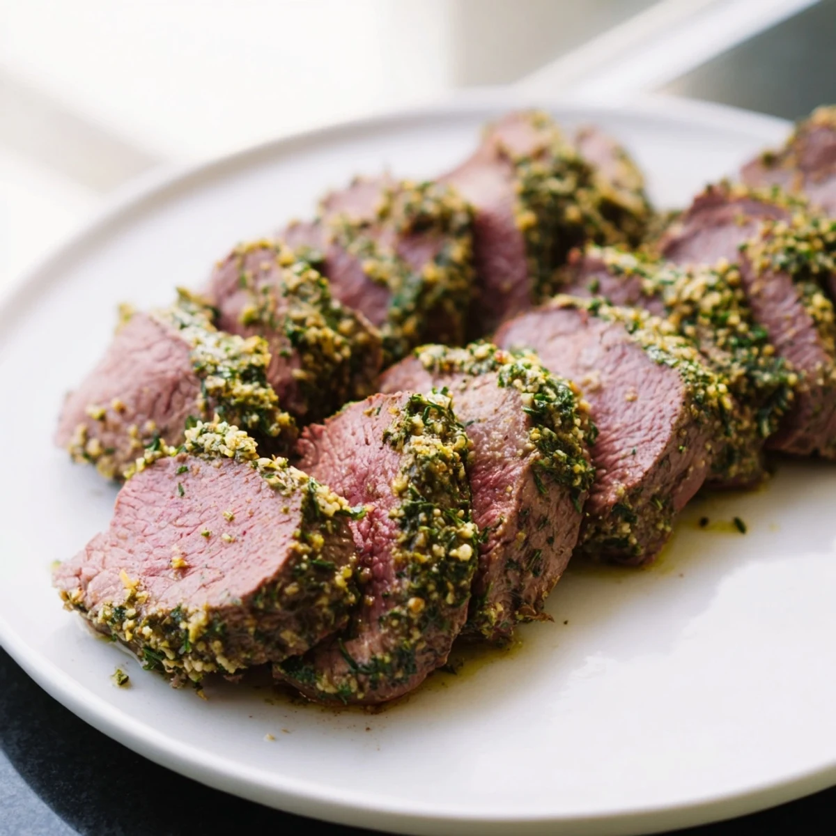Herb crusted roast beef tenderloin, roasted to a perfect medium-rare, ready to slice and serve.