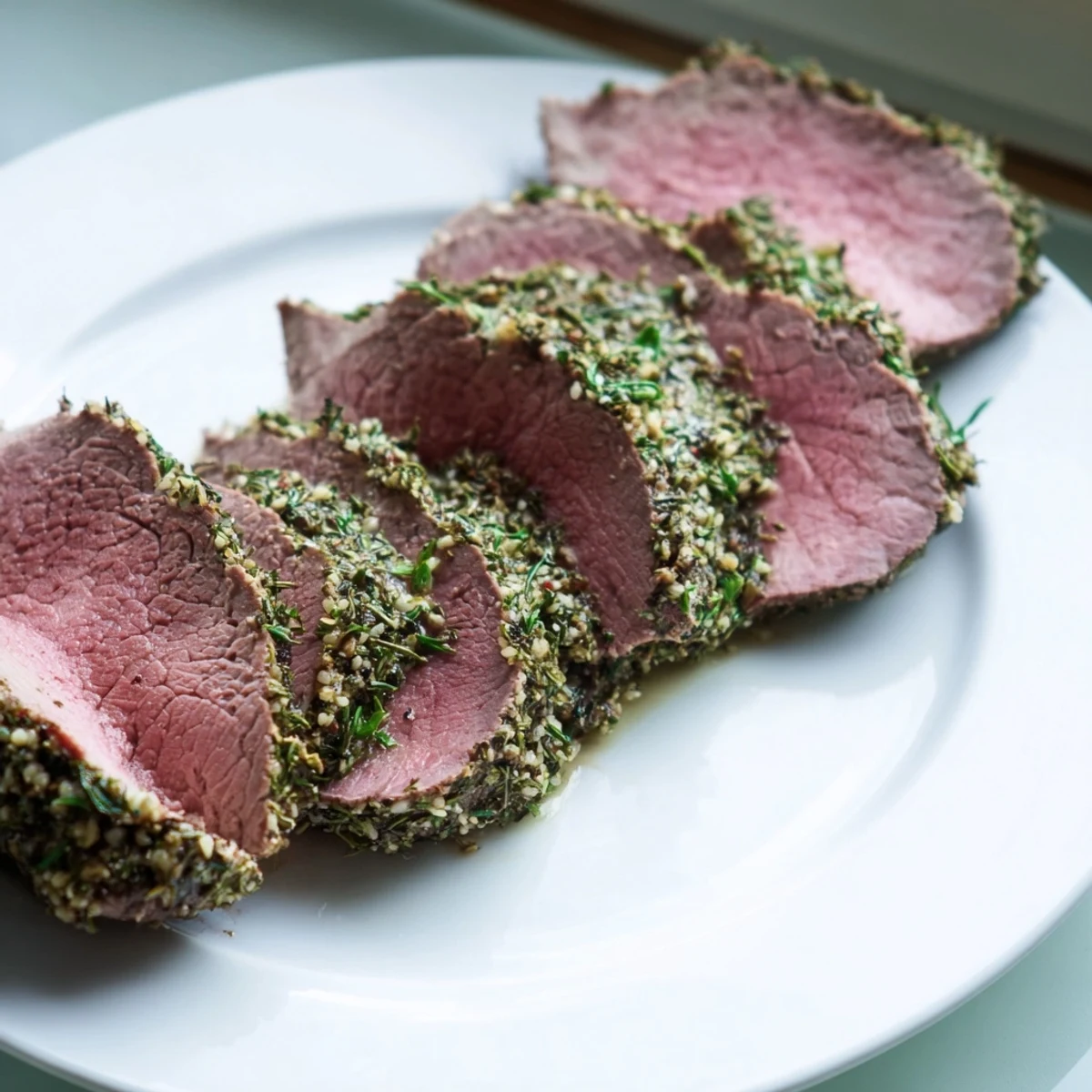 Juicy herb crusted roast beef tenderloin, ideal for a holiday feast, glistening with a delightful herb coating.