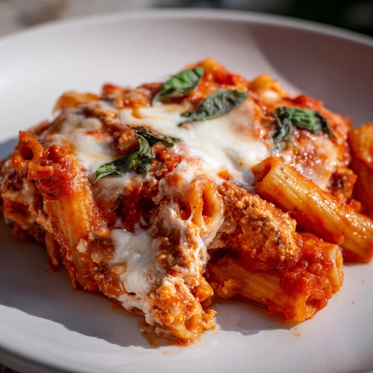 Golden, bubbly Baked Ziti with melted mozzarella, ready for serving with a side salad.