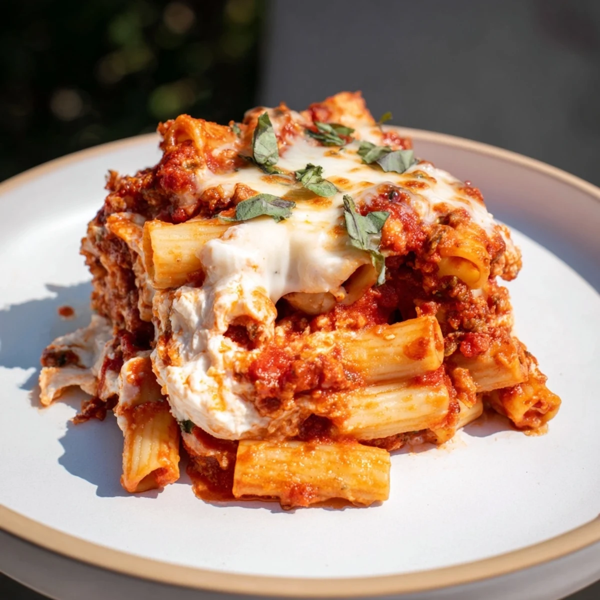 A close-up of a bubbling pan of Baked Ziti, showcasing the rich marinara and cheesy topping.