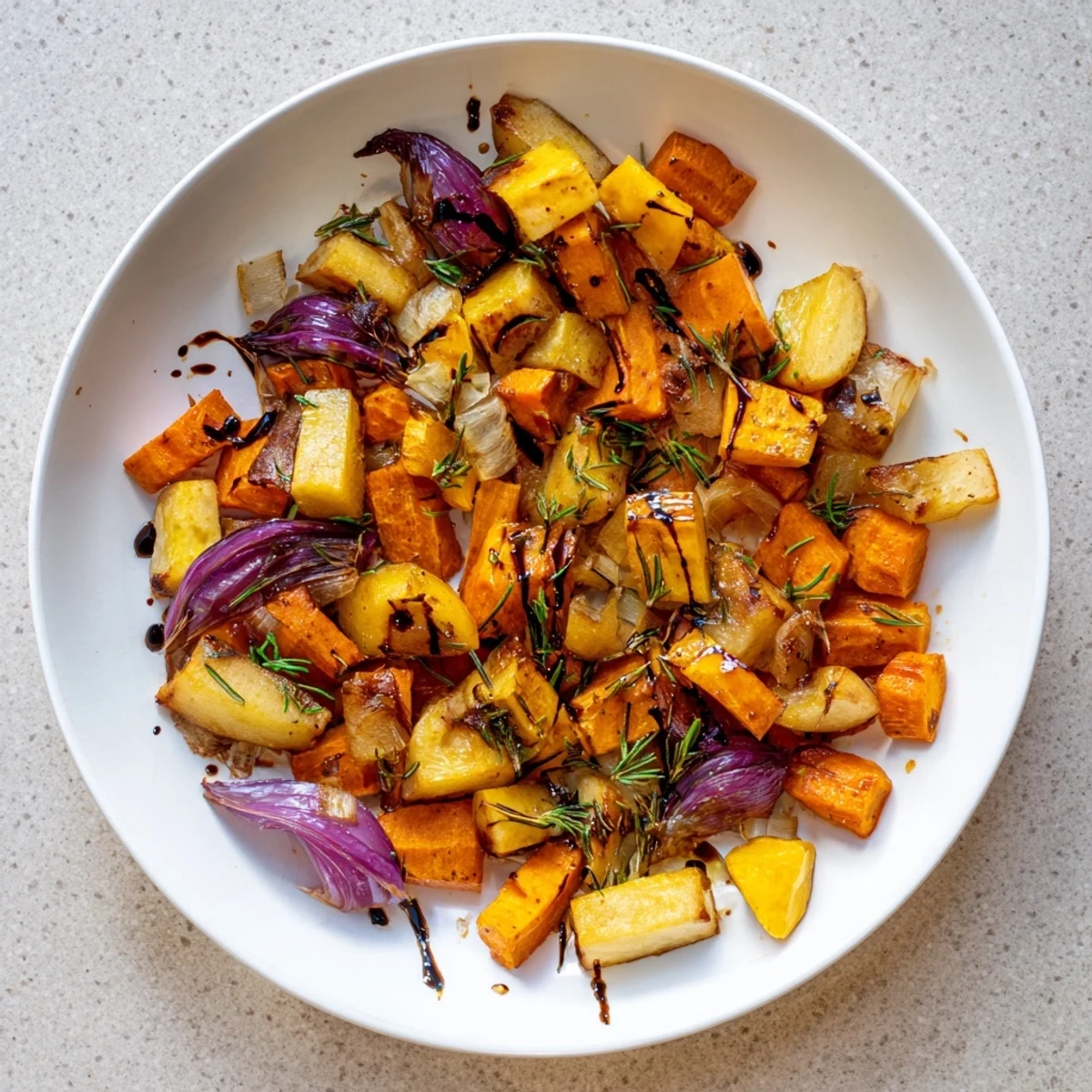 Golden-brown roasted root vegetable medley, a colorful and savory side dish with herbs.