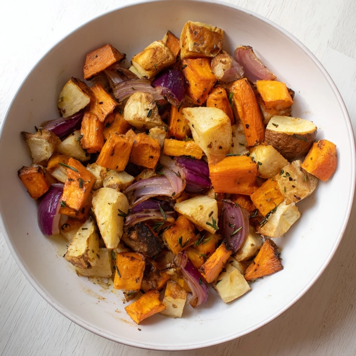 Vibrant image of roasted root vegetable medley, glistening with olive oil and ready to serve.