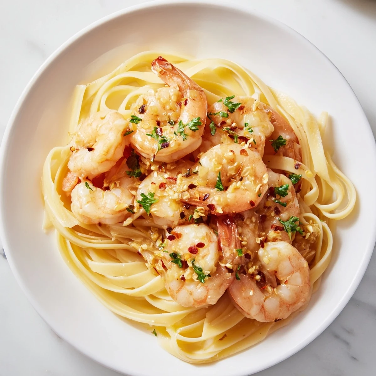 Delicious Lemon Garlic Butter Shrimp Scampi recipe, served with pasta and ready in just twenty minutes.