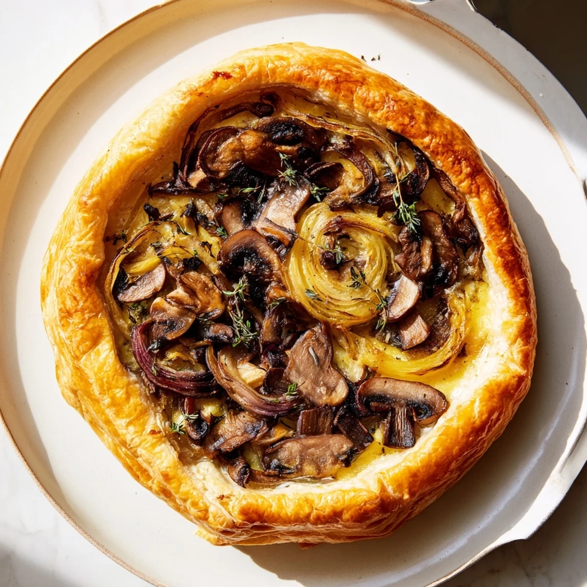 Golden caramelized onions and mushrooms create delicious filling for a Caramelized Onion and Mushroom Tart.