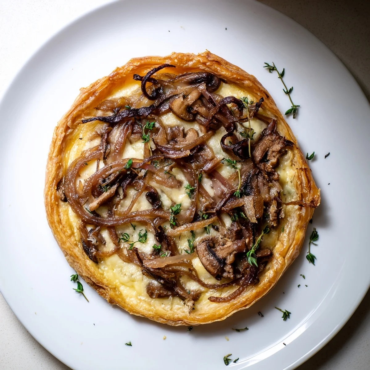 A close-up of a warm Caramelized Onion and Mushroom Tart, ready for slicing and enjoying.