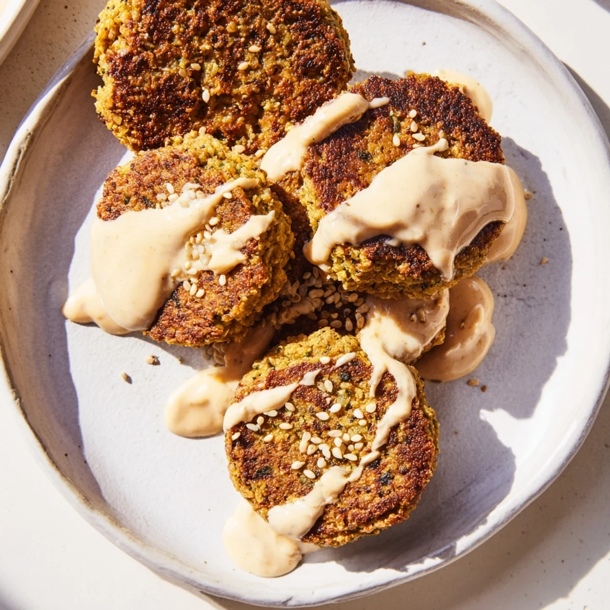 Freshly fried falafel, boasting a delightful crunch, is being drizzled generously with creamy tahini sauce.