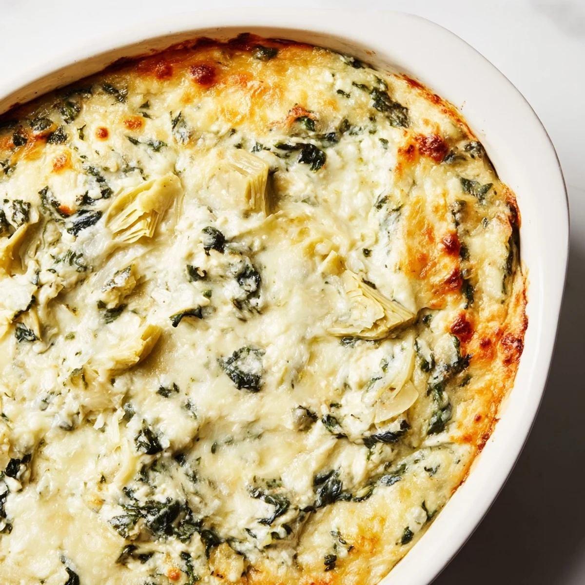 A bubbly baked Warm Spinach and Artichoke Dip, rich with melted cheese and fresh spinach, ready to serve.