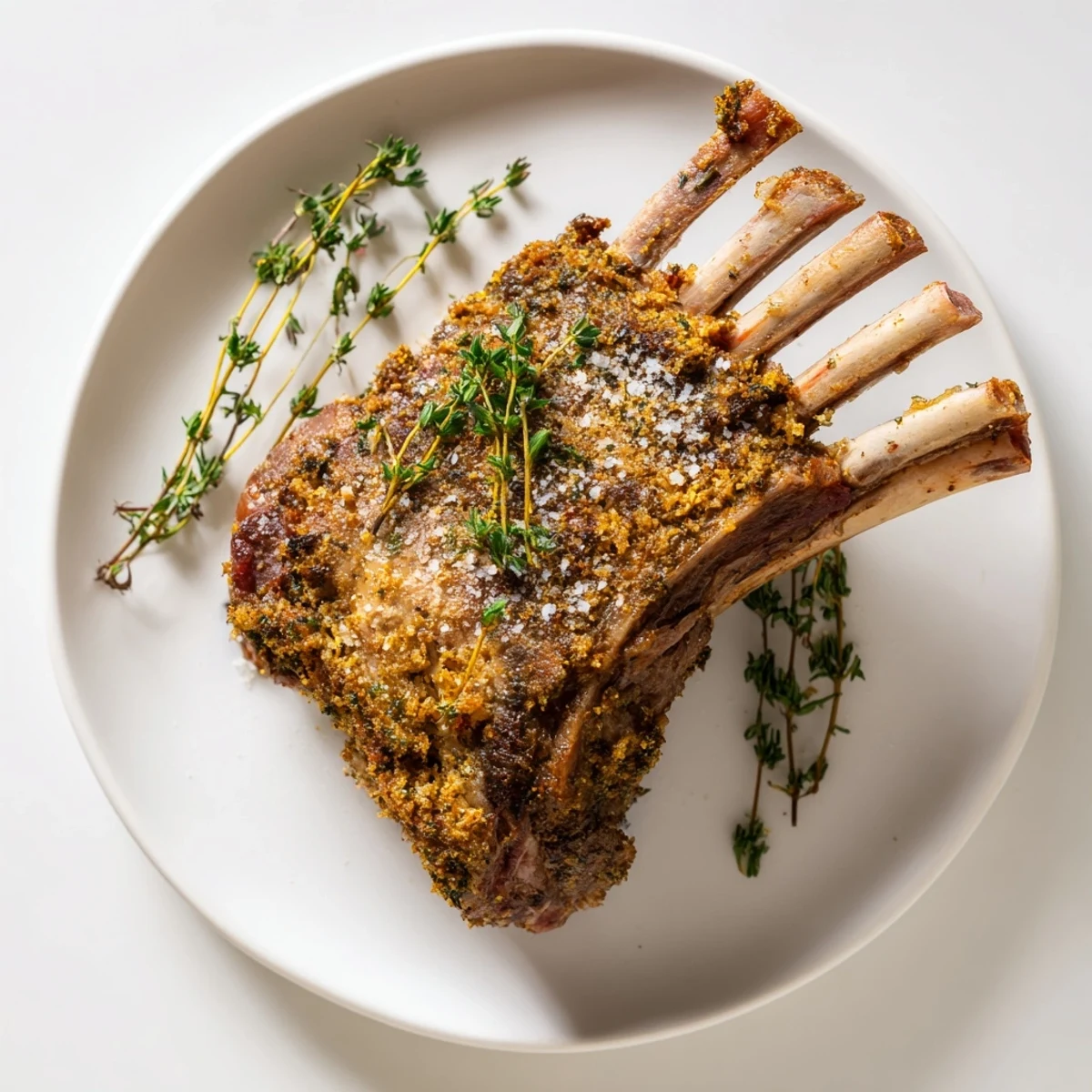 Mouthwatering roasted lamb rack seasoned with fragrant thyme, cooked until perfectly tender and juicy inside.