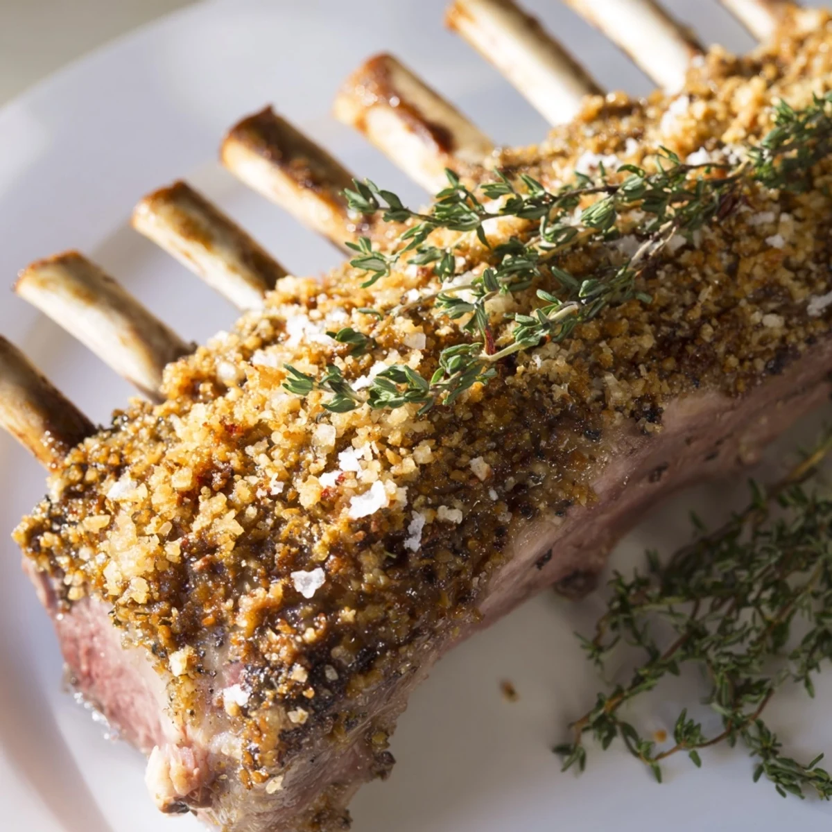 Roasted lamb rack with thyme: a beautifully browned rack of lamb ready to serve with fresh thyme garnish.