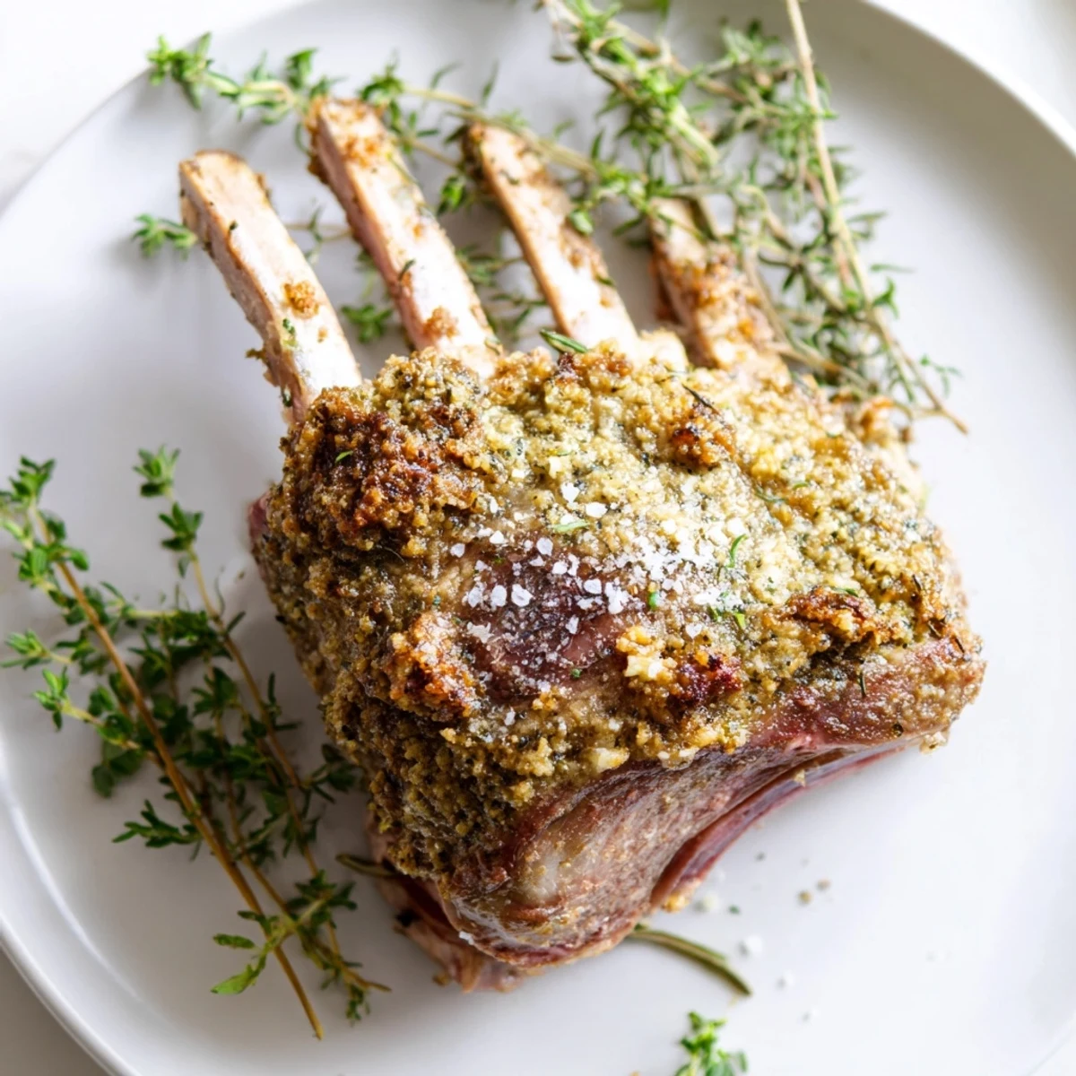 Elegant roasted lamb rack recipe, with crackling crust, offering savory thyme flavors for a special dinner.
