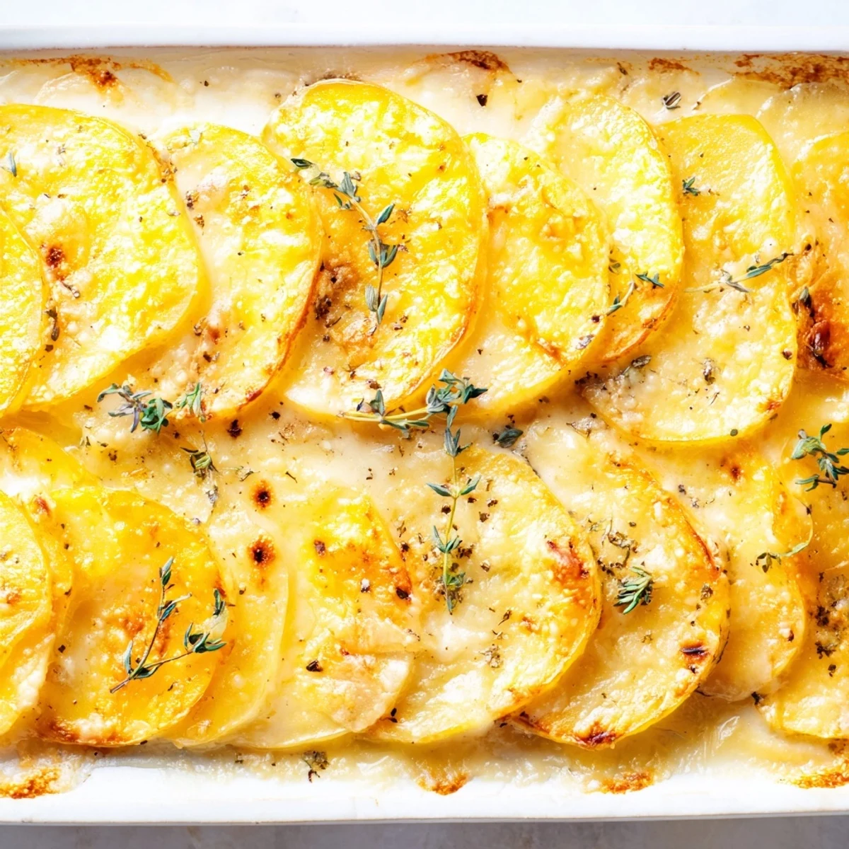 Golden-brown Cheesy Potato Gratin with thyme, bubbling hot from the oven with melted cheese.
