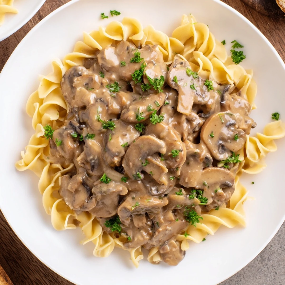 Creamy Mushroom Stroganoff features tender mushrooms and noodles, ready to savor the rich, creamy sauce.