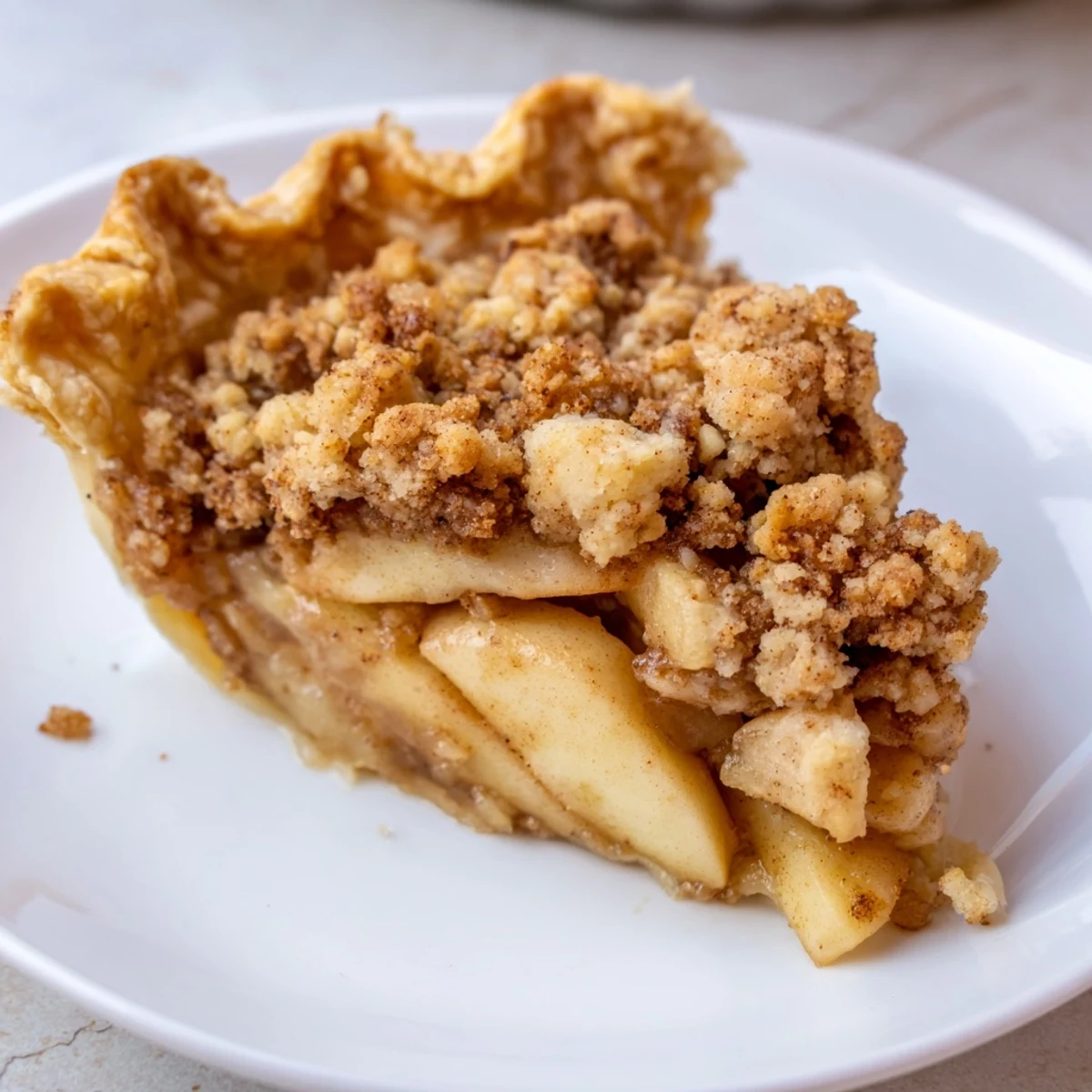 Golden brown Cinnamon Apple Crumble Pie, filled with spiced apples, ready for serving with a scoop of ice cream.