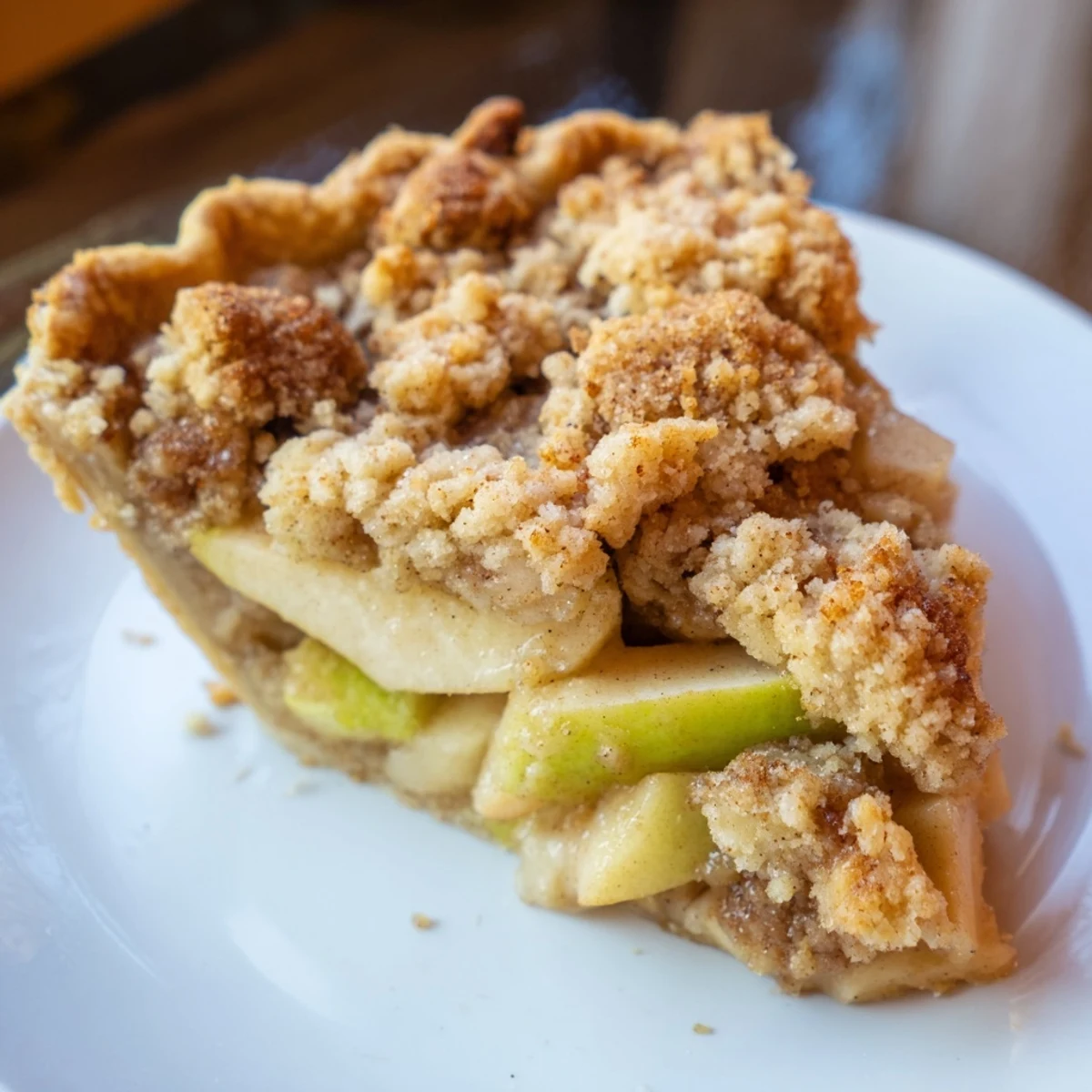 Freshly baked, bubbly Cinnamon Apple Crumble Pie; experience the warmth and deliciousness of a classic dessert.