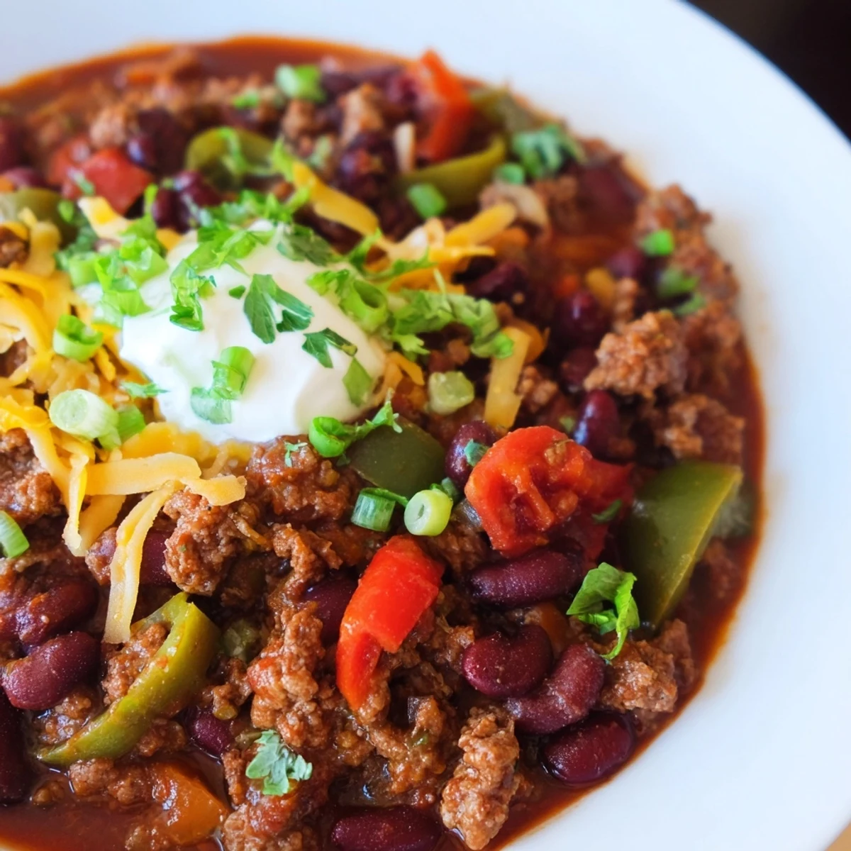 A steaming bowl of Spicy Beef and Bean Chili, garnished with fresh cilantro and sour cream.