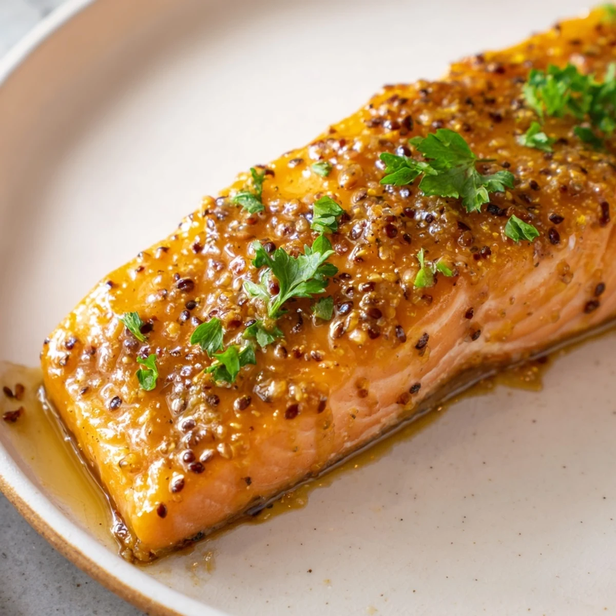 Enjoy a close-up of flaky Baked Salmon with Honey Mustard Glaze, garnished with fresh herbs.