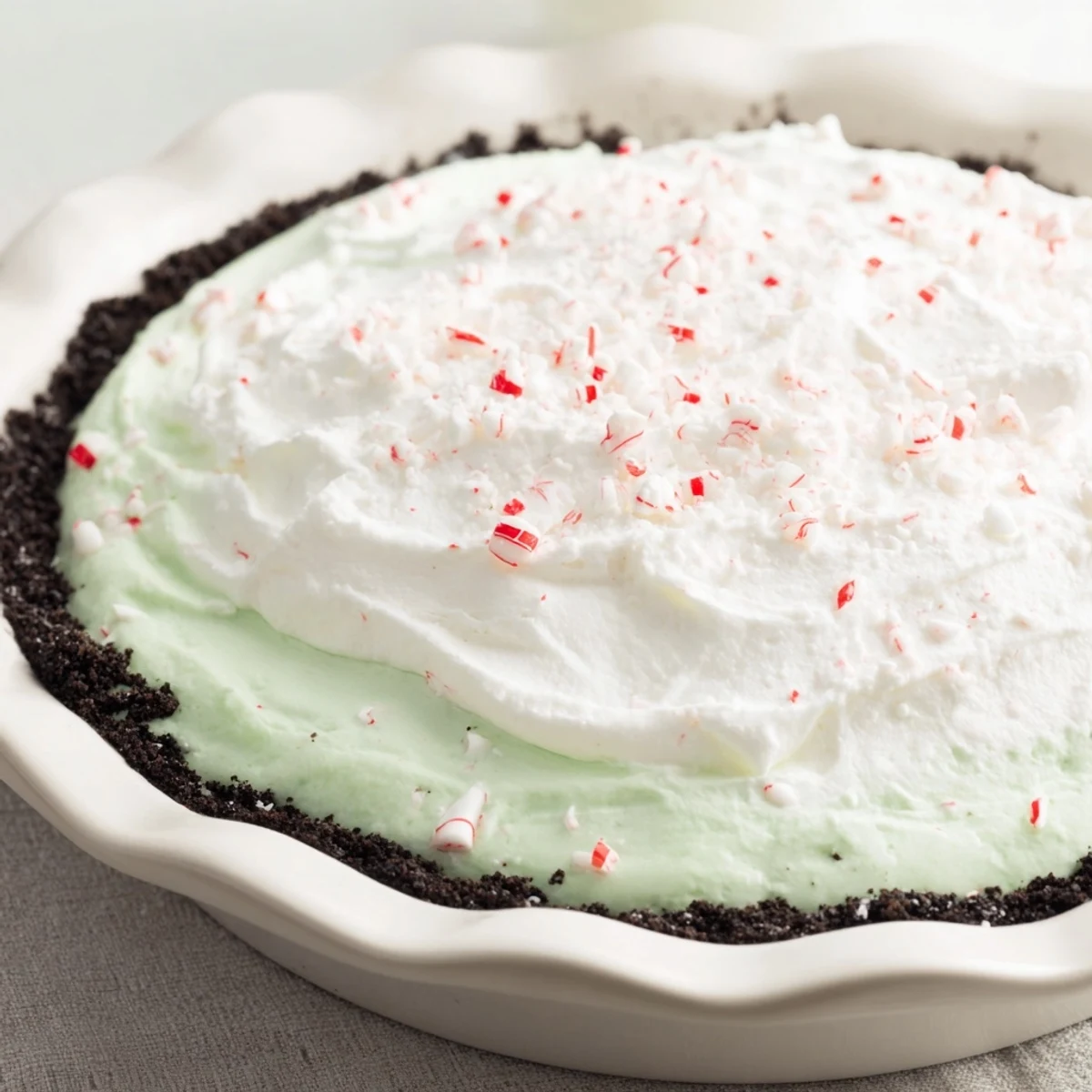 Rich, smooth Peppermint Cream Pie filling set in a chocolate cookie crust, ready for a sweet bite.