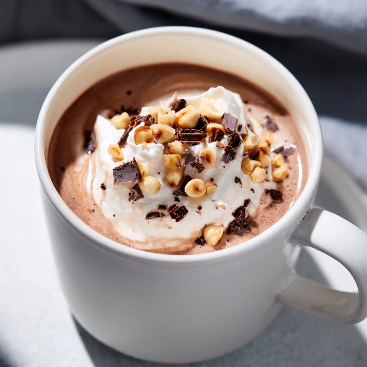 A close-up of a decadent Chocolate Hazelnut Hot Chocolate, topped with fluffy whipped cream.
