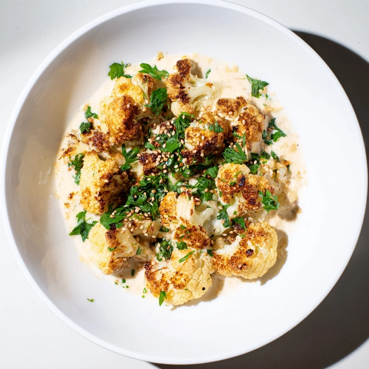 Golden roasted cauliflower with lemon tahini, garnished with fresh parsley and sesame seeds for flavor.