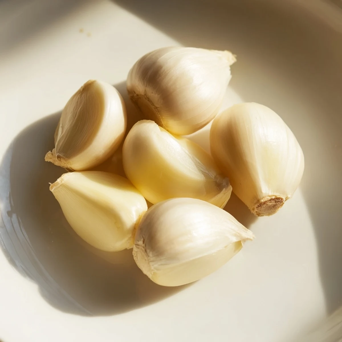 Freshly peeled garlic cloves glistening on a light-colored cutting board, ready to mince.