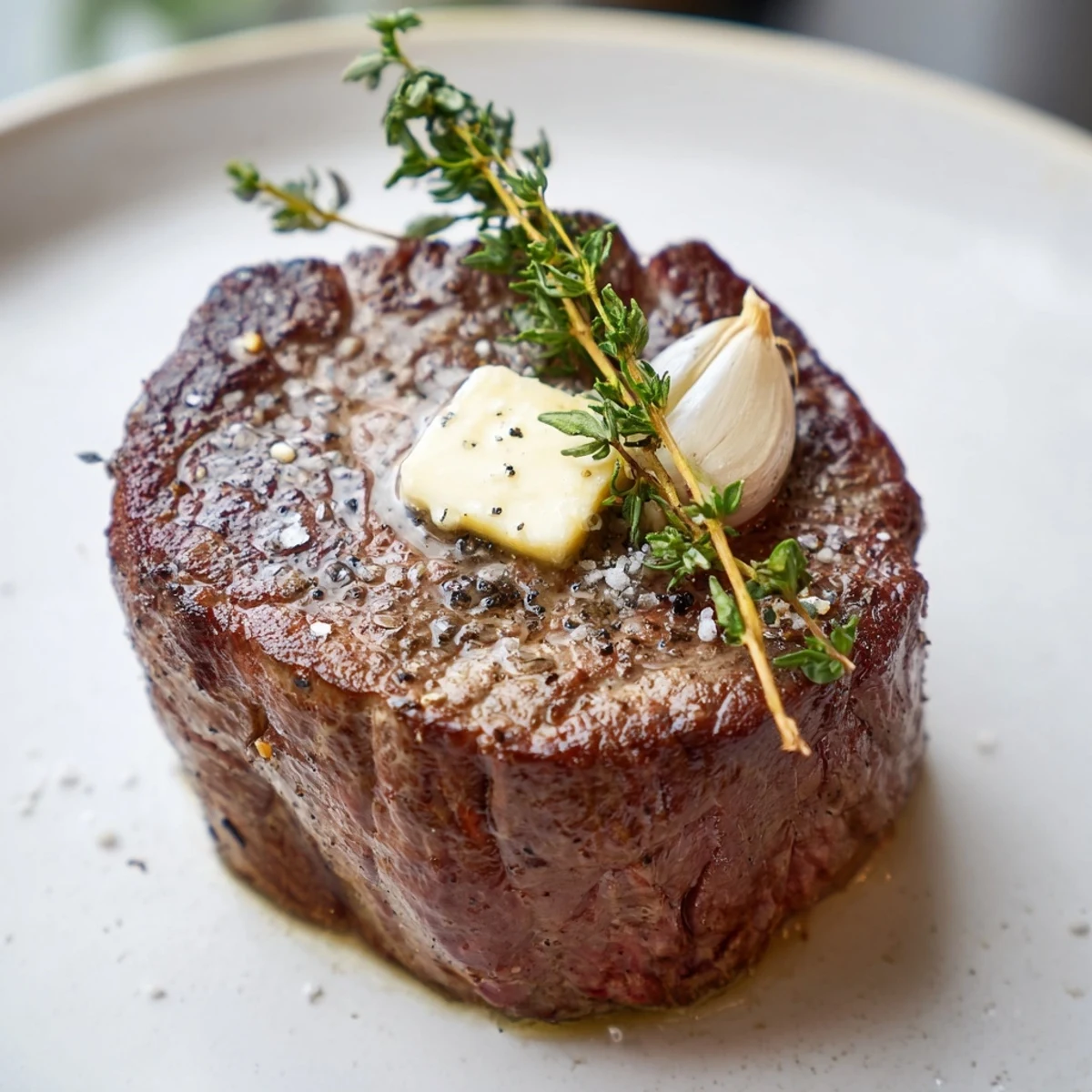 Juicy beef fillet steak, glistening with pan juices and herbs, cooked to tender perfection for dinner.