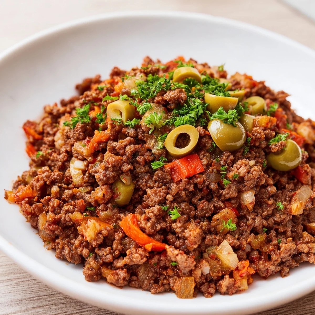 Fresh parsley tops a rich bowl of savory meat filling, ideal for various international dishes.